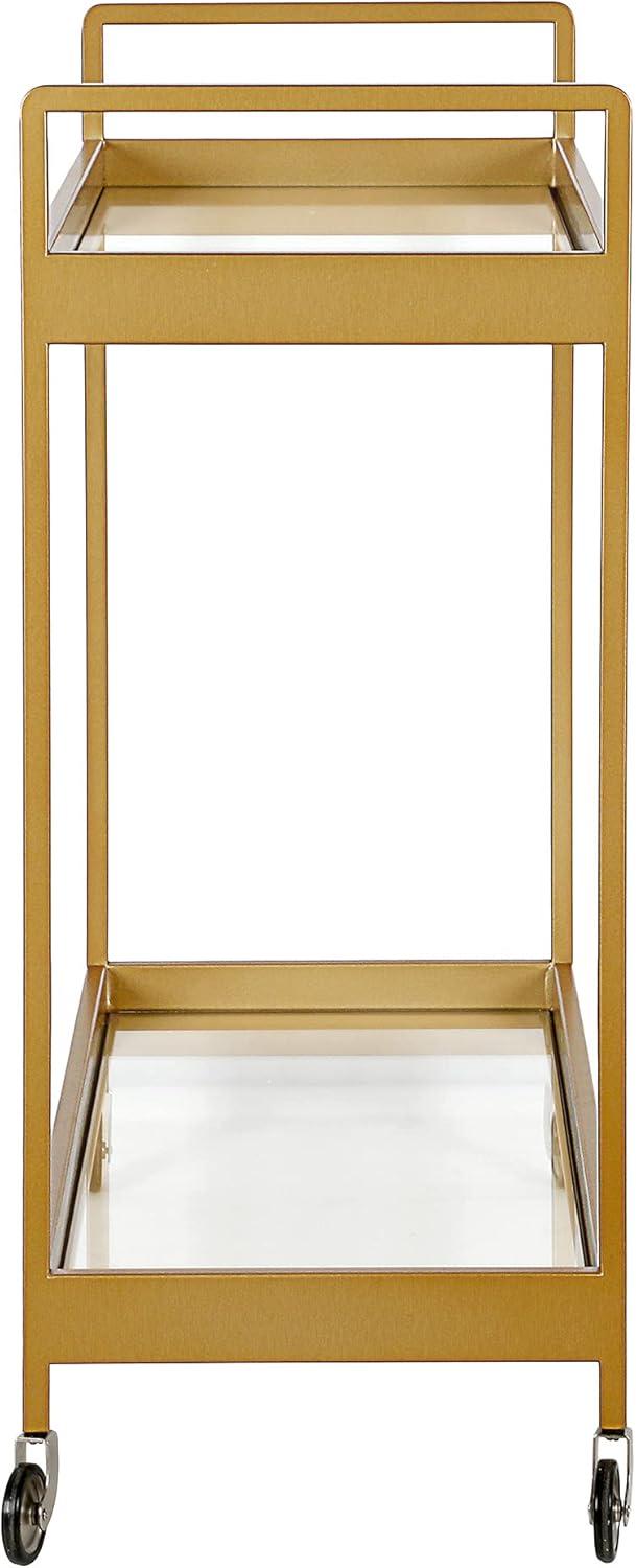 Glamourous Brass Finish Rectangular Bar Cart with Glass Shelves