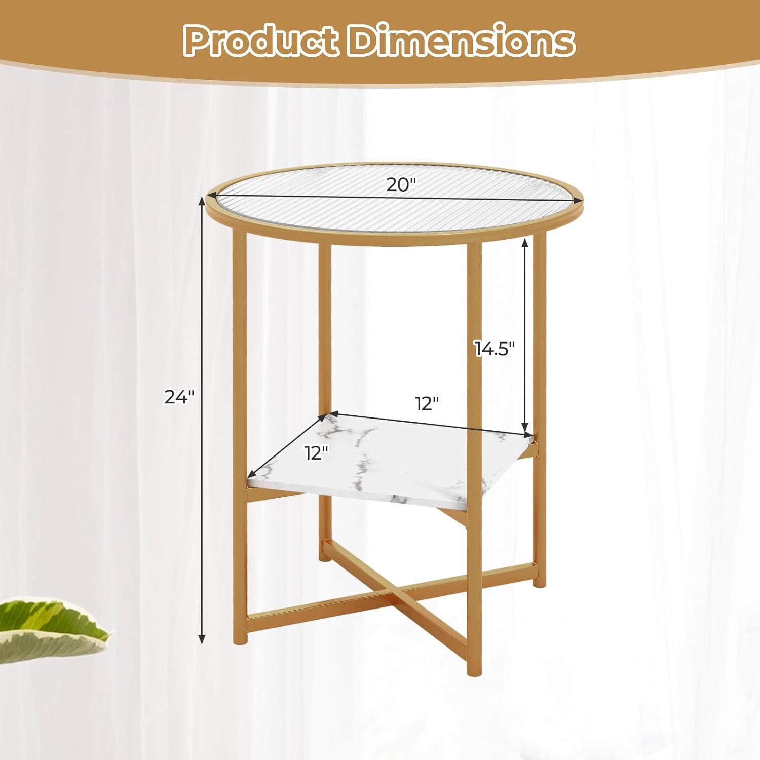 Kepooman End Tables,Side End Table,Nightstand,2-Tier Glass End Table Set of 2 with Faux Marble Storage Shelf-White