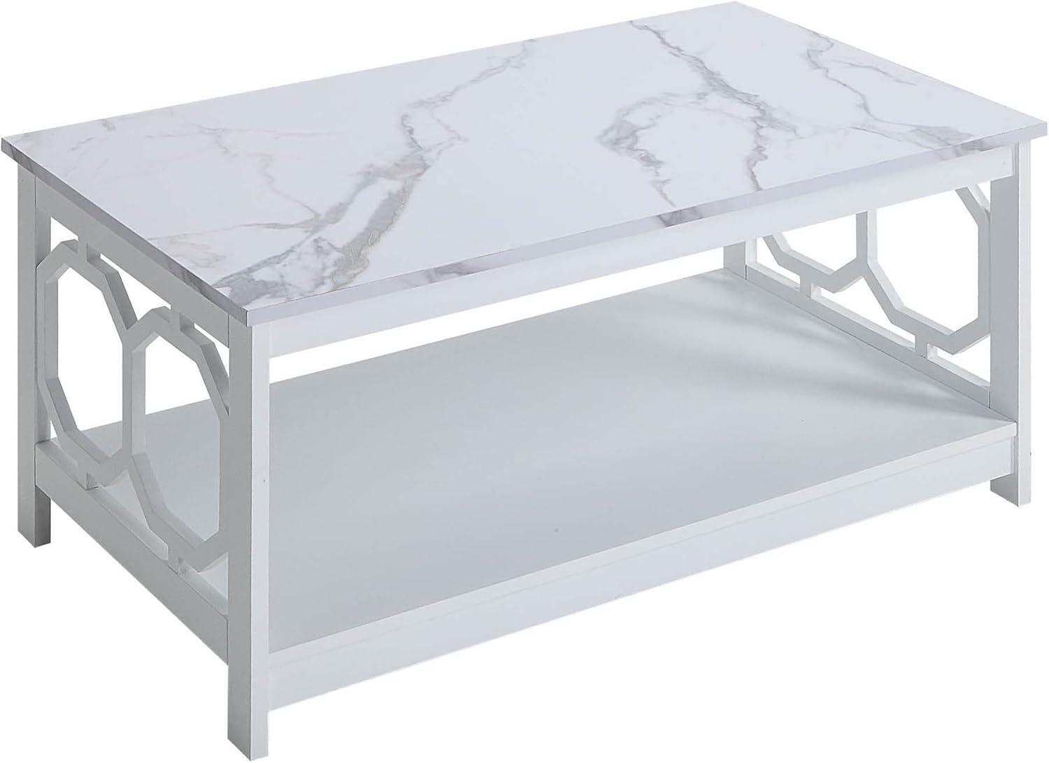 White Faux Marble and Wood Rectangular Coffee Table with Shelf