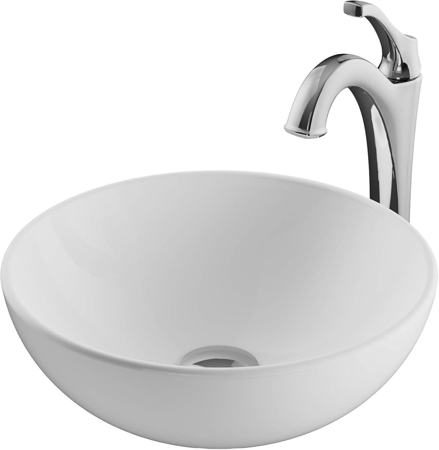 Kraus Elavo 14-inch White Ceramic Bathroom Vessel Sink and Arlo Faucet Combo Set with Pop-Up Drain