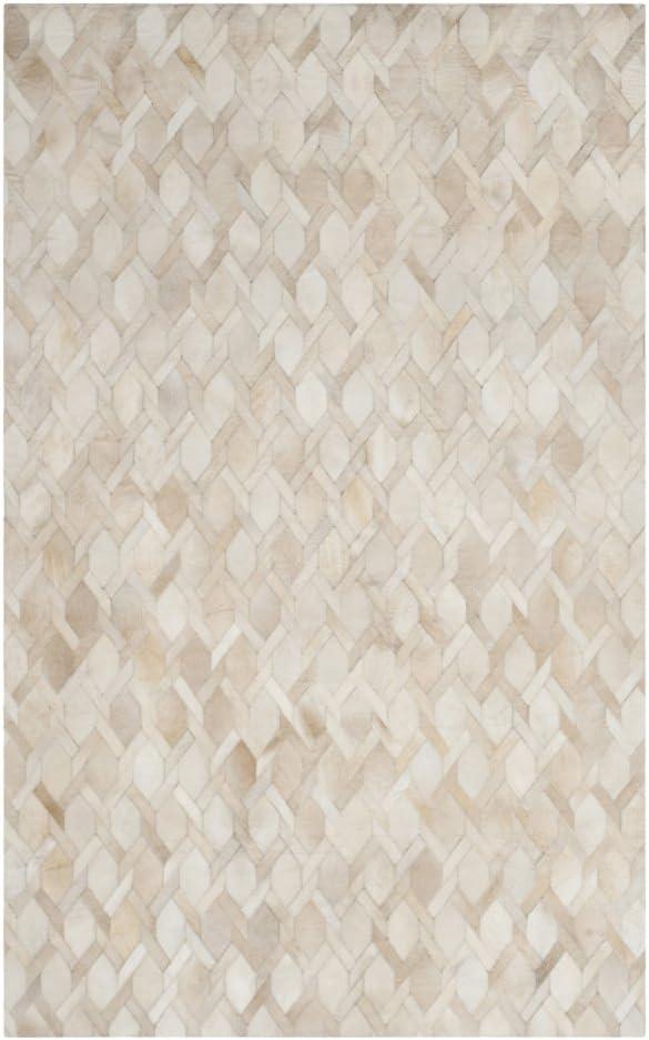 Ivory Geometric Hand-Knotted Cowhide Area Rug, 4' x 6'