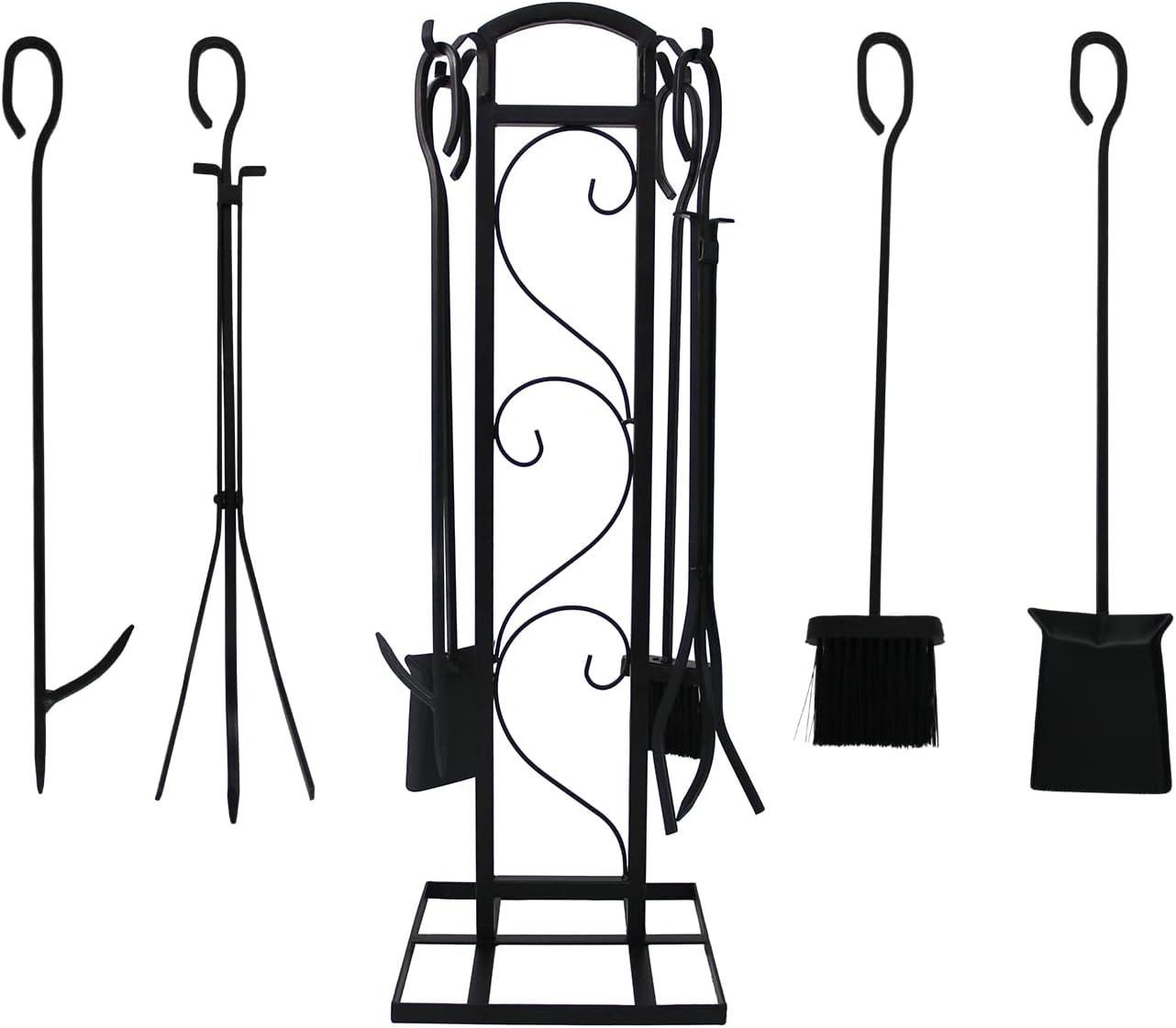 Demifill 5 Pieces Fireplace Tools Set, Wrought Iron Fireplace Tools with Decor Holder, Light Weight Fireplace Tools Set for Indoor and Outdoor, Black