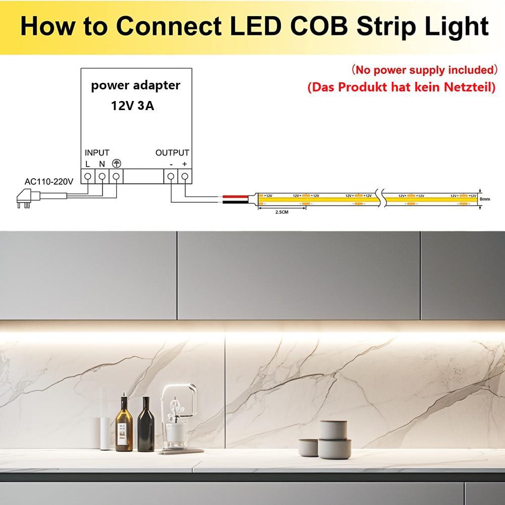12V COB LED Strip Light Daylight White 5000K Waterproof IP65 480LEDs/M Super Bright 4000Lm CRI>90 16.4ft/5M Dotless High Density Cuttable Flexible for Cabinet Home DIY Lighting Projects