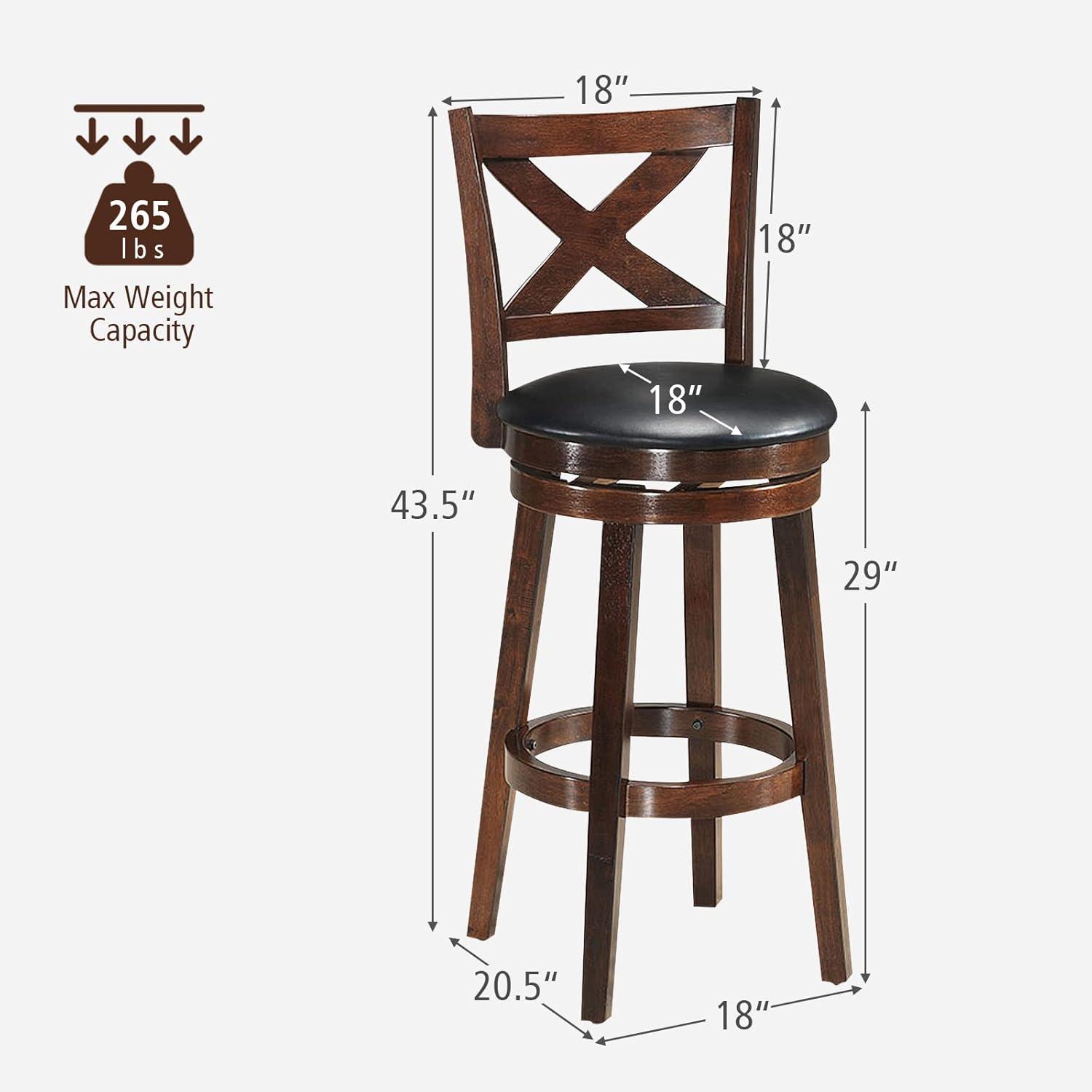 Costway Set of 2 Swivel Stool 29'' Bar Height X-Back Upholstered Dining Chair Rubber Wood Espresso