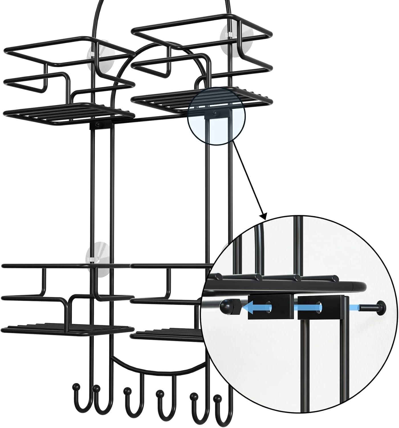 Black Metal Suction Mount Shower Caddy with Hooks