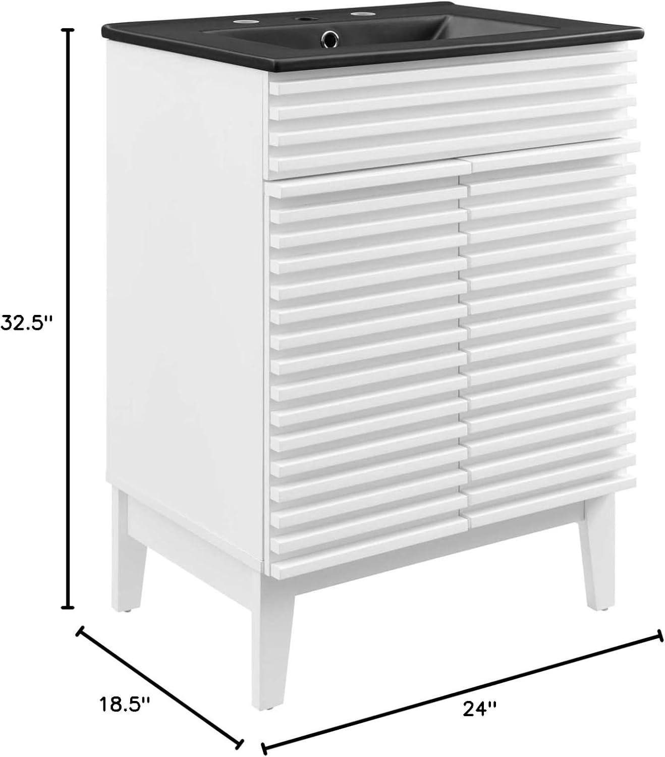 Modway 24 Inch Modern White Black Wood Bathroom Vanity with Sink and Floor Cabinet