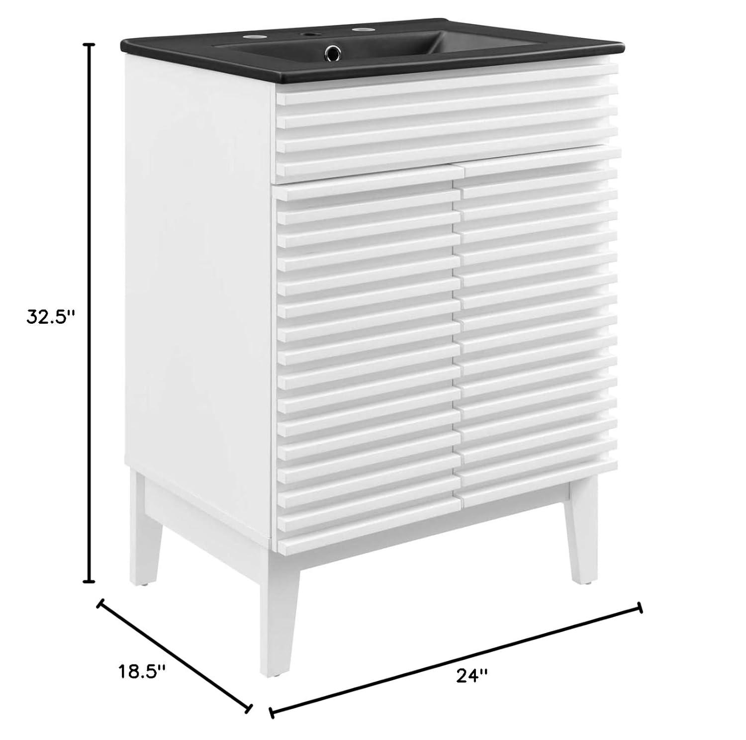 Modway 24 Inch Modern White Black Wood Bathroom Vanity with Sink and Floor Cabinet