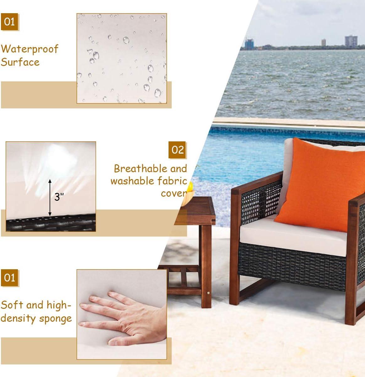 Tangkula 3-Piece Patio Rattan Wicker Bistro Set Acacia Wood Frame Sofa and Side Table