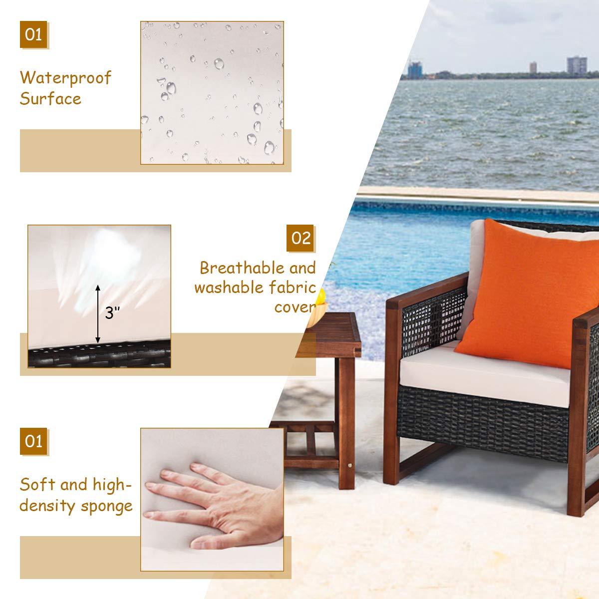 Tangkula 3-Piece Patio Rattan Wicker Bistro Set Acacia Wood Frame Sofa and Side Table