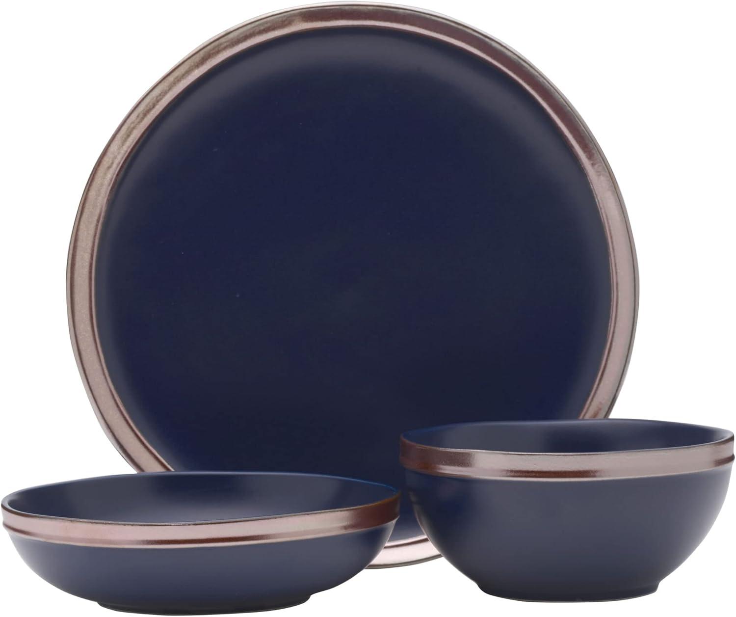 Blue Ceramic Dinnerware Set with Rose Gold Banding, Service for 4