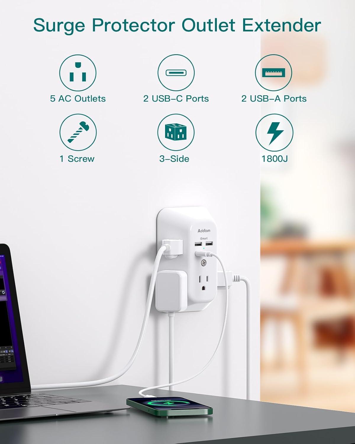 Surge Protector Outlet Extender - Addtam 5-Outlet Splitter with 4 USB Wall Charger(2 USB-C Ports), Multi Plug Outlet Power Strip for Home, Dorm Room Essentials