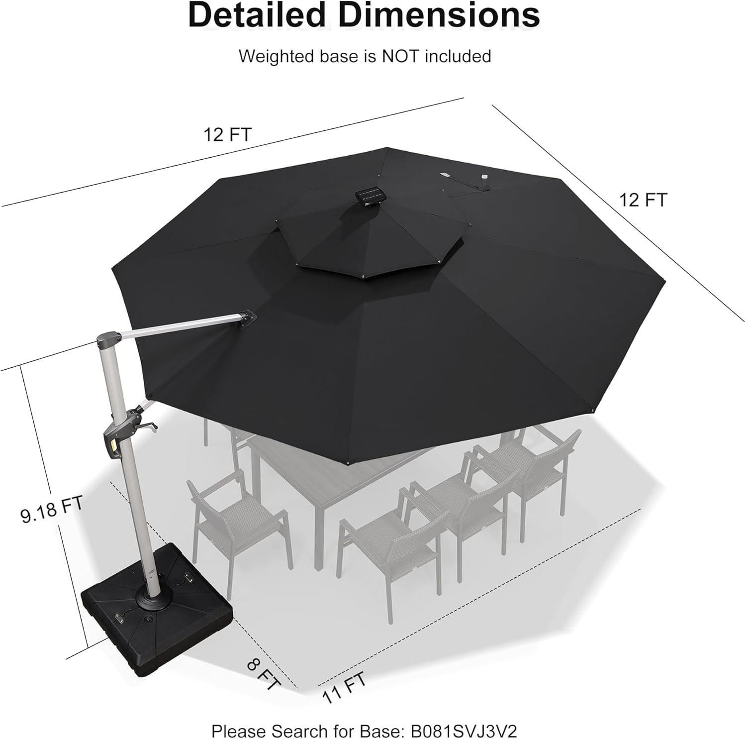 PURPLE LEAF 12-ft Aluminum Black Crank Cantilever Patio Umbrella with Lights