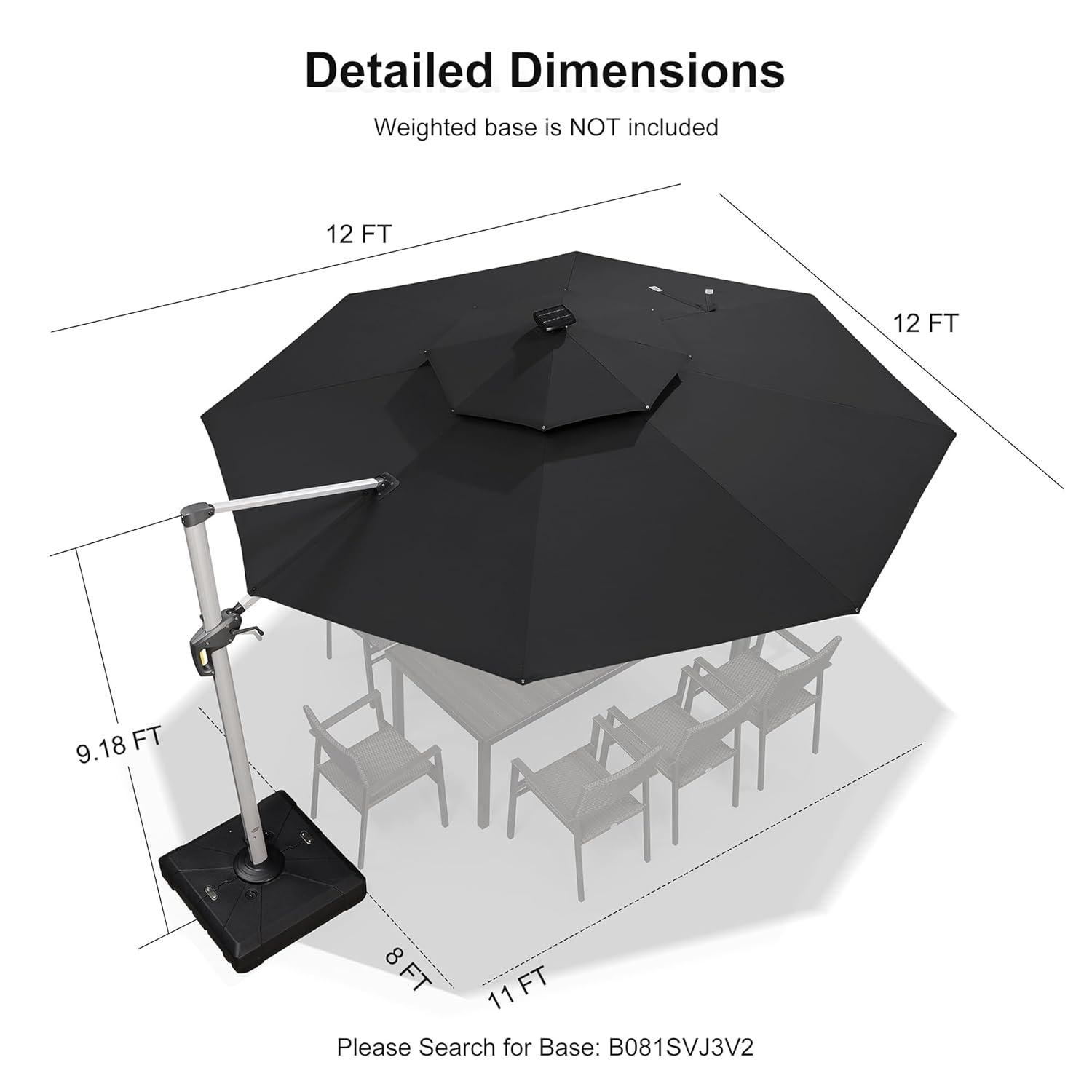 PURPLE LEAF 12-ft Aluminum Black Crank Cantilever Patio Umbrella with Lights