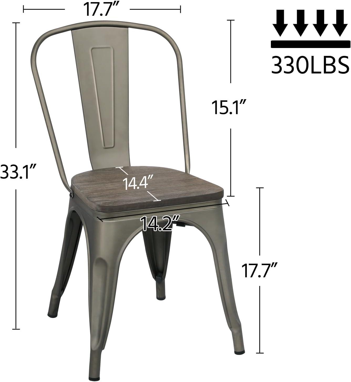 Yaheetech 4 pcs Metal Fir Wood Chairs Stackable Dining Chair Wooden Seat with Backrest Footrests Armless Stool for Home Trattoria Bistro Cafe Shop,Gun Metal