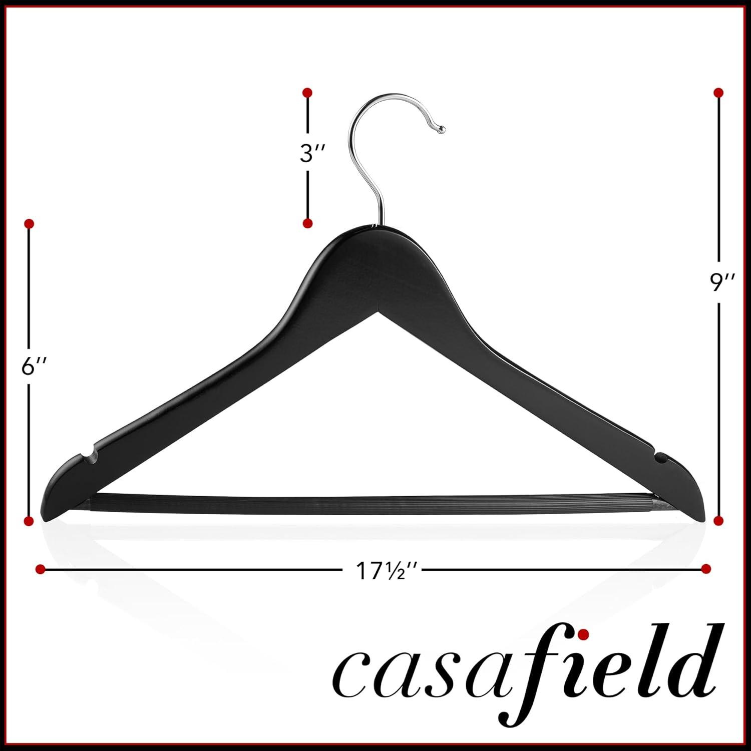 Casafield Wooden Suit Hangers, Non-Slip Pant Bar & Swivel Hook, Black - Set of 10
