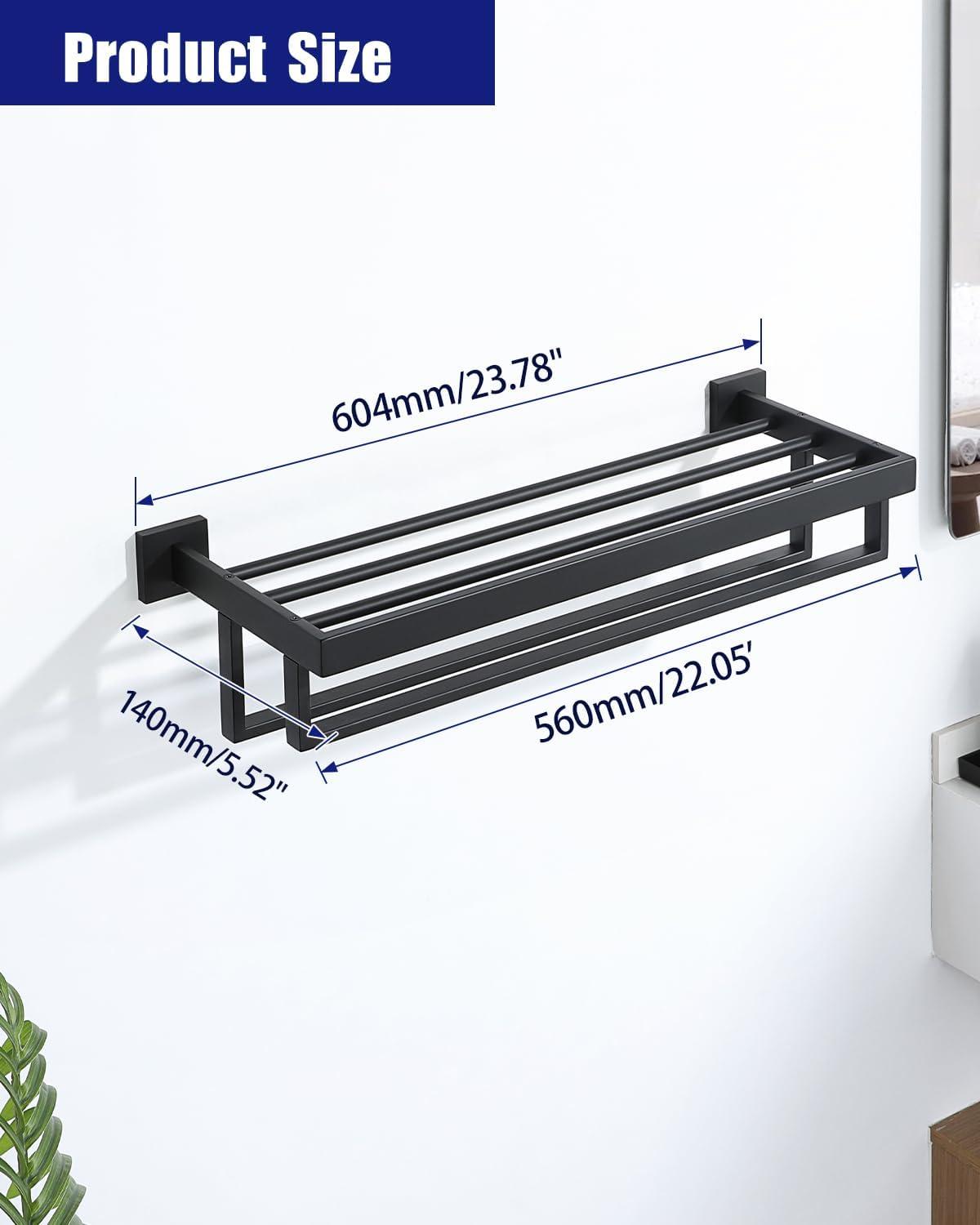 Alise Towel Rack with Double Towel Bar, 24 Inch Towel Racks for Bathroom, Modern Towel Holder for Bathroom Wall, SUS304 Stainless Steel Towel Shelf, Matte Black