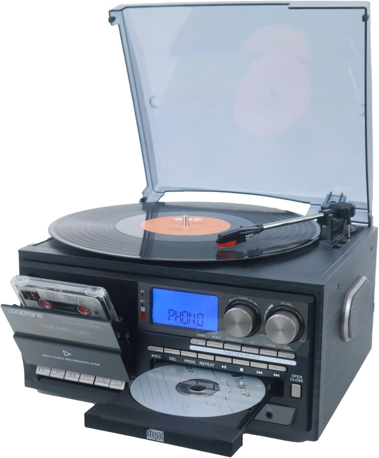 Record Player 9 in 1 3 Speed Bluetooth Vintage Turntable CD Cassette Vinyl Player AM/FM Radio USB/SD Encoding Aux-in RCA Line-Out (Silver)