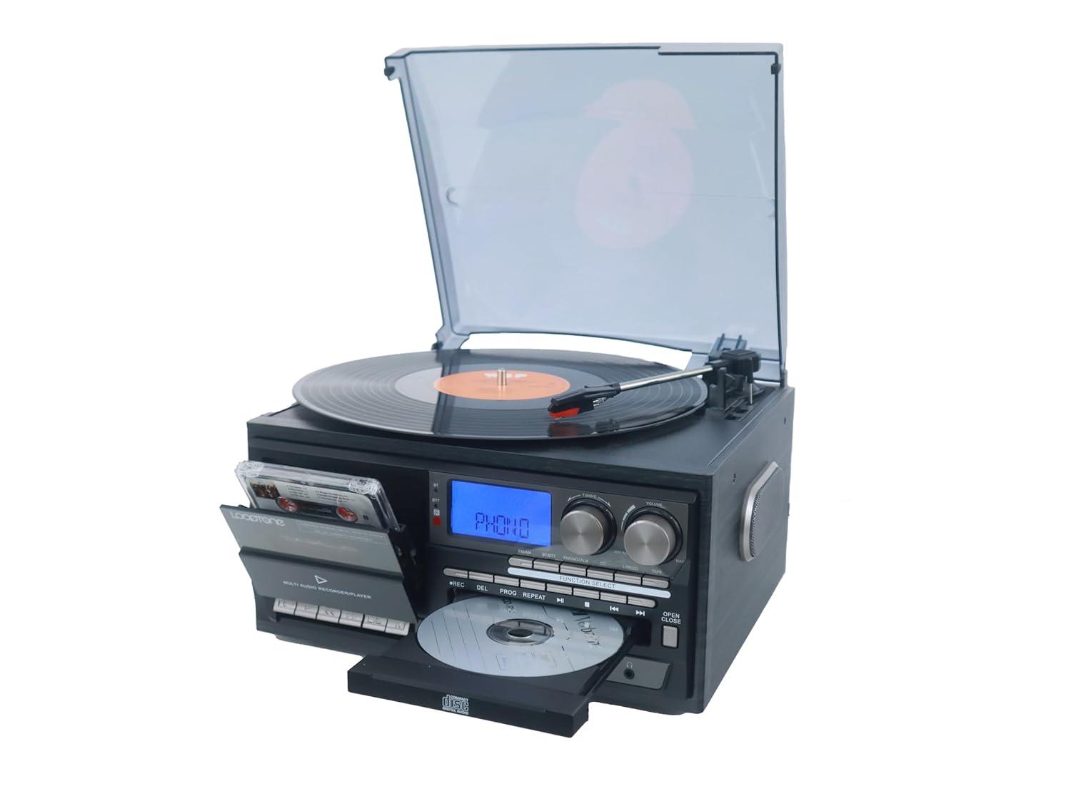 Record Player 9 in 1 3 Speed Bluetooth Vintage Turntable CD Cassette Vinyl Player AM/FM Radio USB/SD Encoding Aux-in RCA Line-Out (Silver)