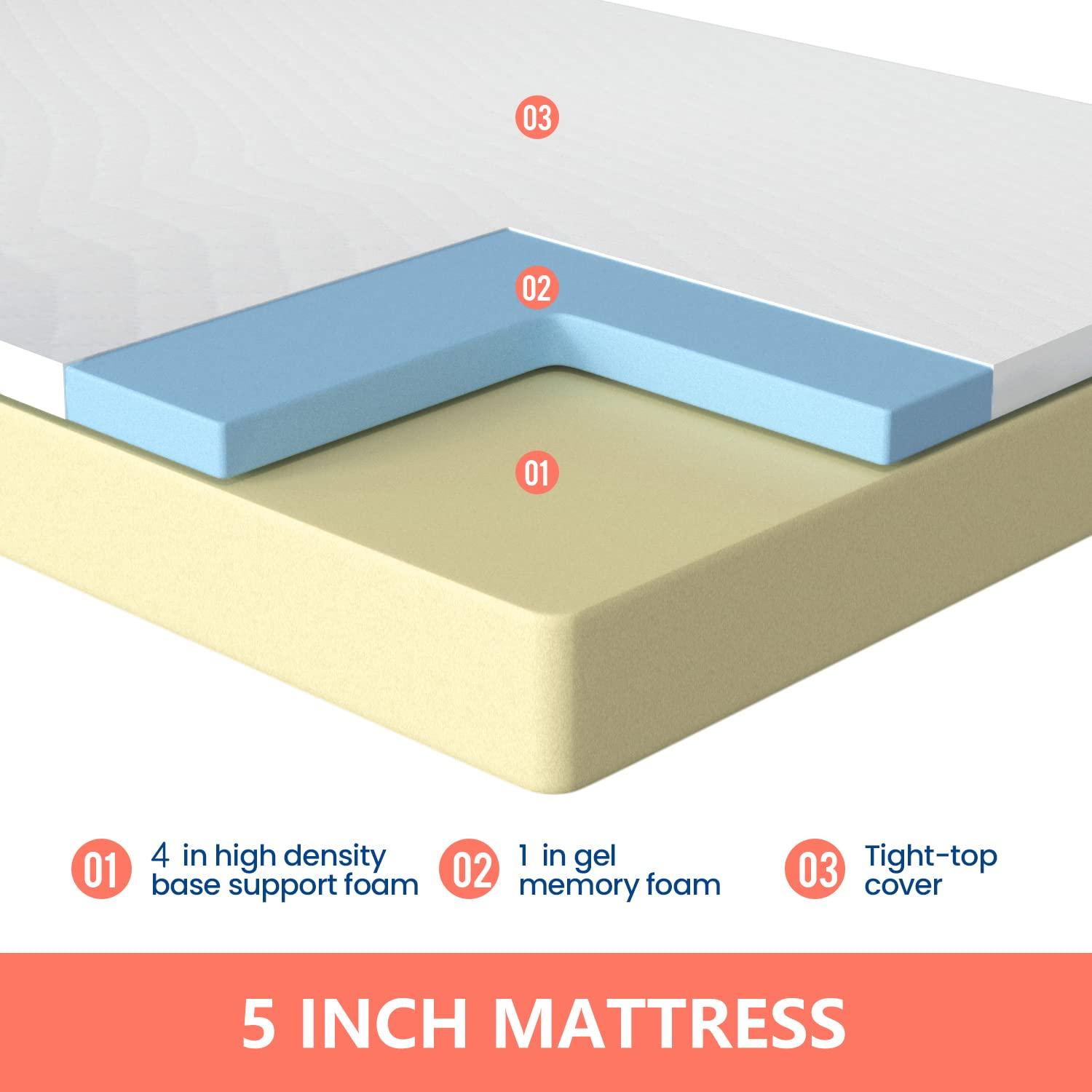 FDW 5 inch Mattress Gel Memory Foam Mattress for Cool Sleep & Pressure Relief/Bed-in-a-Box/Pressure Relieving,Twin