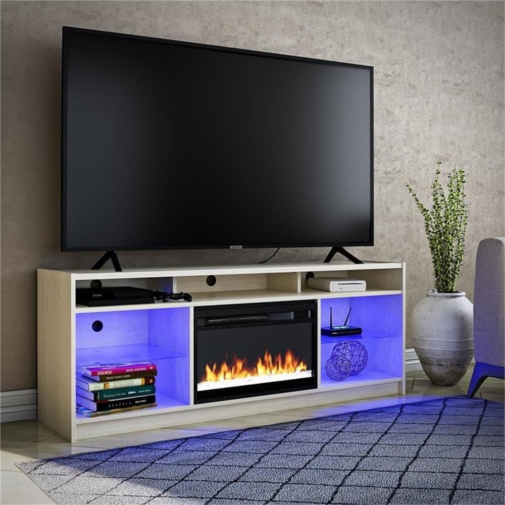 Luna Ivory Oak 65" Fireplace TV Stand with Adjustable Glass Shelves