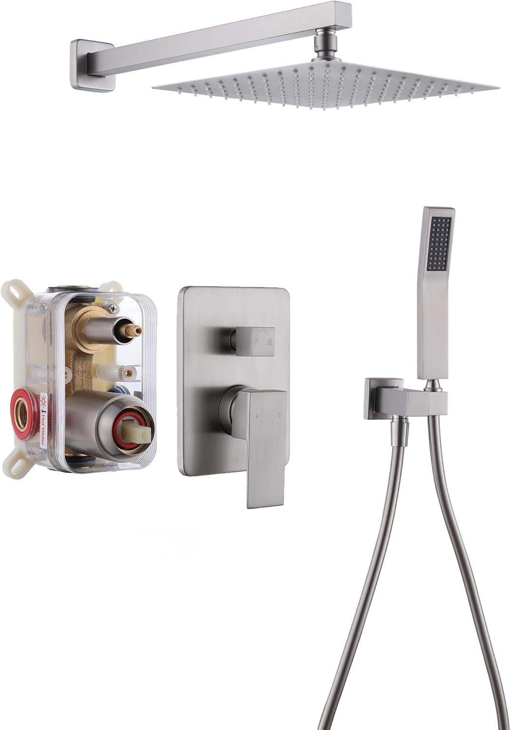 AWZTOO Wall Mounted Shower Faucet With Hand Shower Modern Shower System Set 10 Inch Rainfall Shower Head With Pressure Balance Valve Brushed Nickel