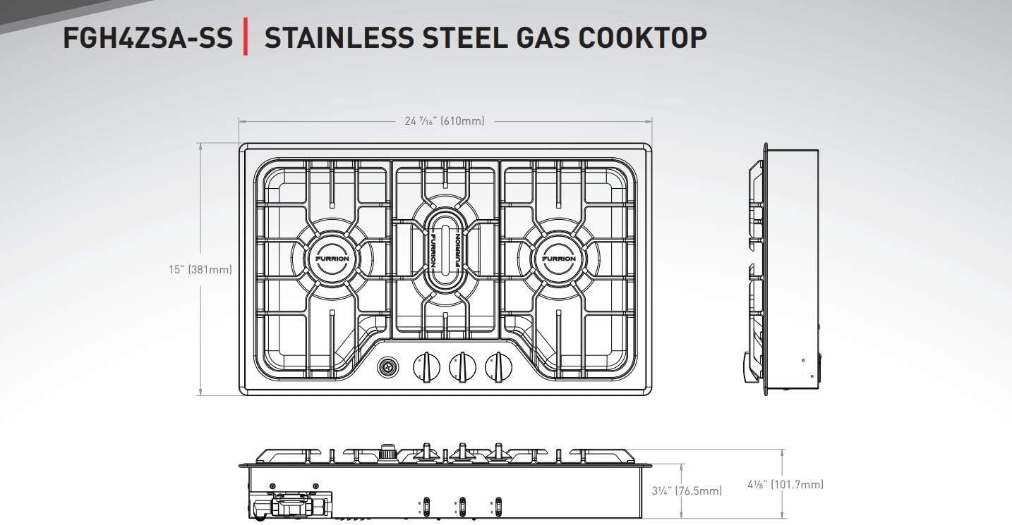 Furrion Stainless Steel 3-Burner Gas Cooktop with Cast Iron Grate