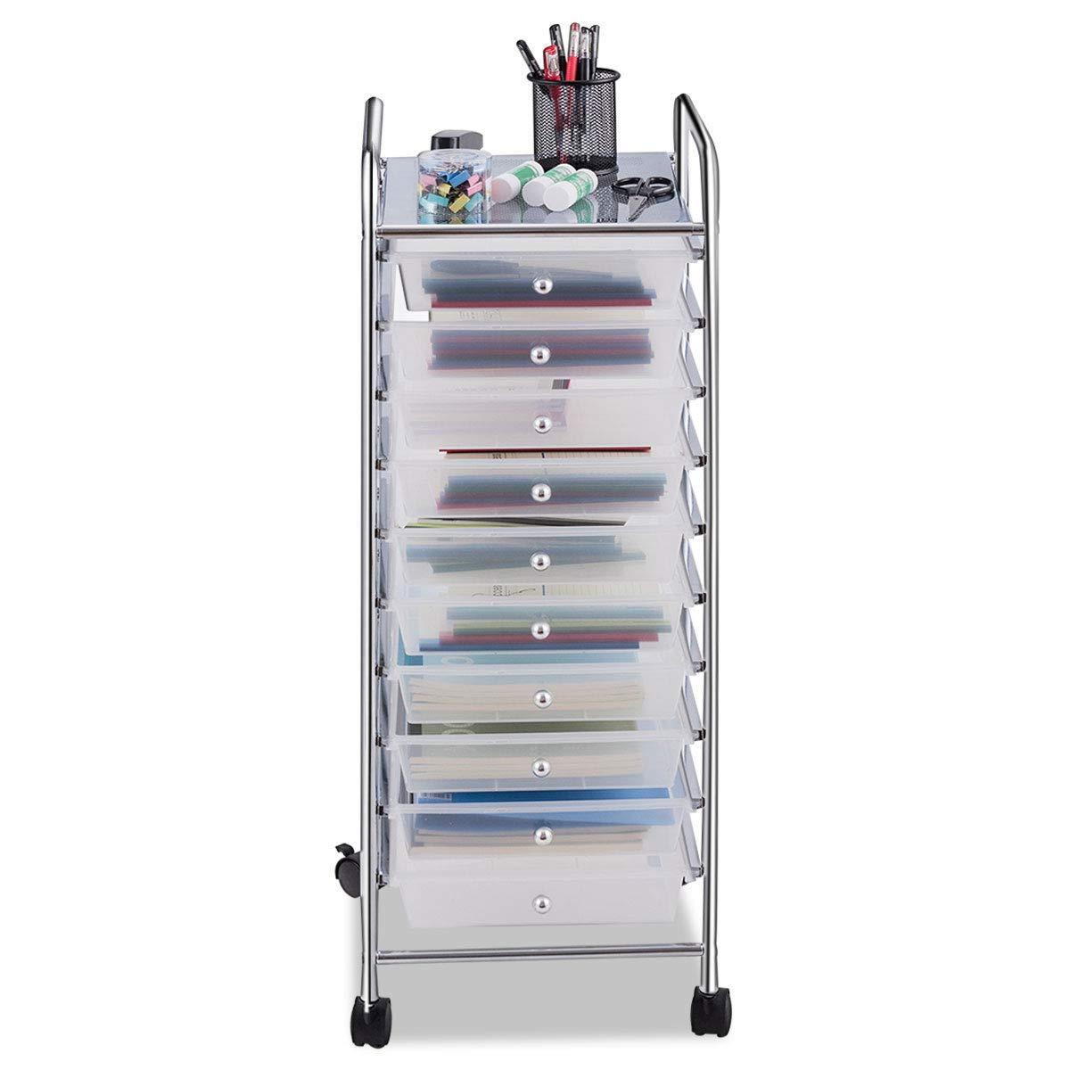 10-Drawer Rolling Storage Cart, Multipurpose Utility Cart Mobile Craft Cart w/Drawers & Wheels, Home Office School Tools Scrapbook Paper Organizer (Clear)
