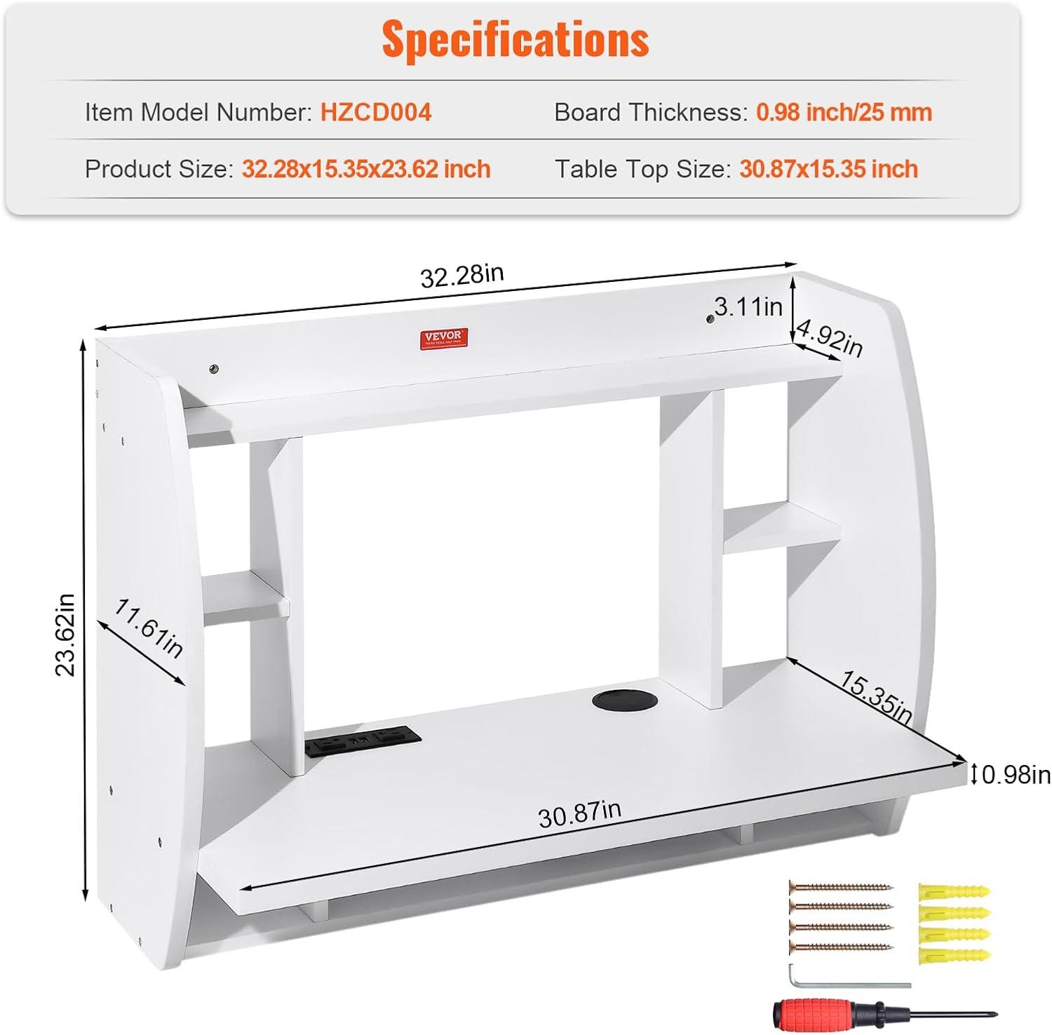 White Wall Mounted Foldable Desk with Power Outlet and Storage