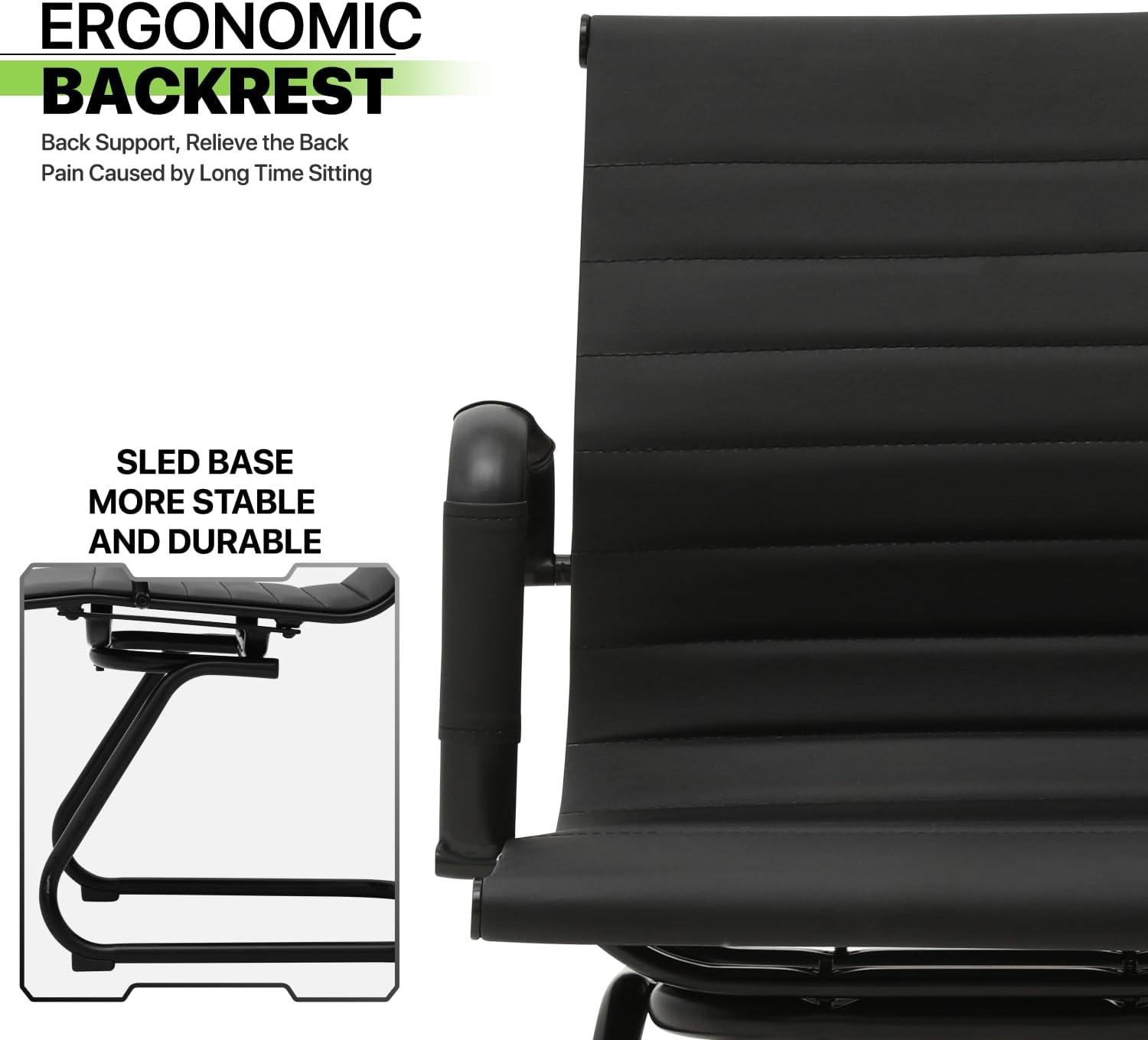 Guyou Modern Mid Back Office Guest Chair Set of 2, Faux Leather Reception Chair Computer Chair with Armrests and Metal Sled Base for Meeting/Waiting/Conference Room, No Wheels, Black