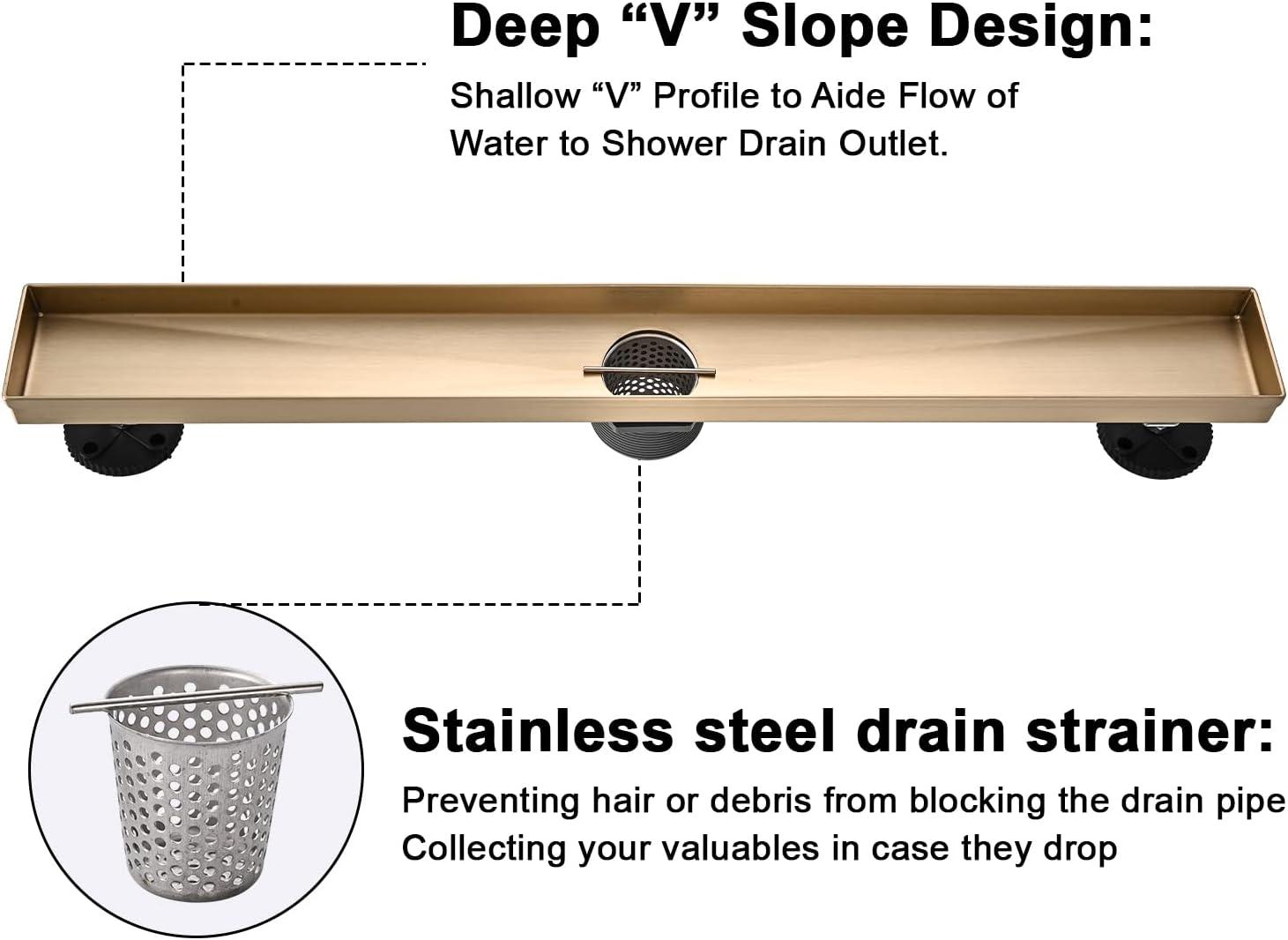 Linear Shower Floor Drain, Brushed Gold 30 Inch 304 Stainless Steel Bathroom Drains Kit, Rectangular Shower Trench Drain with Reversable Tile-in Pattern Drain Cover & Hair Catcher