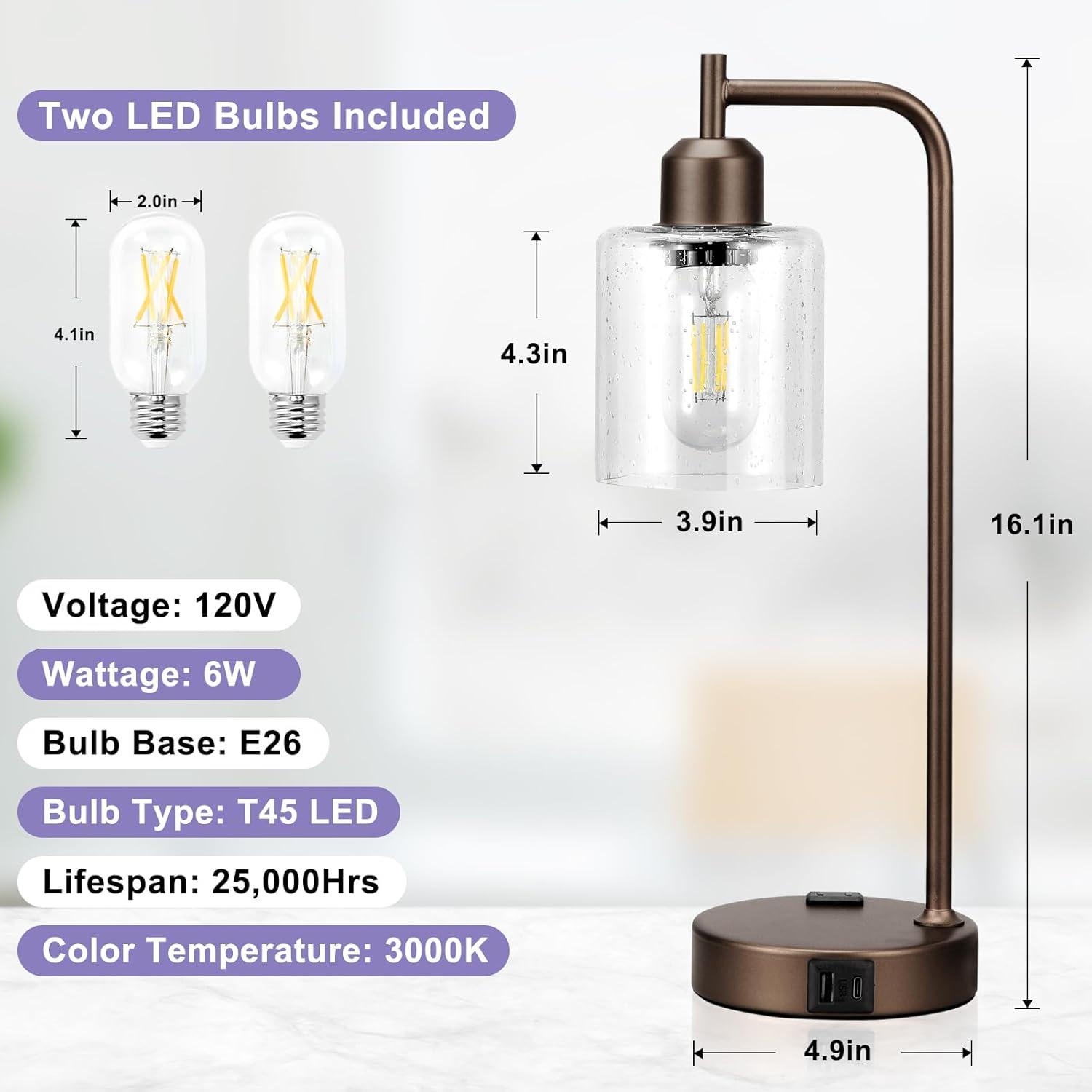 Latitude Run® Industrial Touch Table Lamps for Bedrooms Set of 2 - 3-Way Dimmable Nightstand Lamps with USB C+A Ports and Outlet, Bedside Lamps with Glass Shade for Living Room, Desk Lamps for Home Office