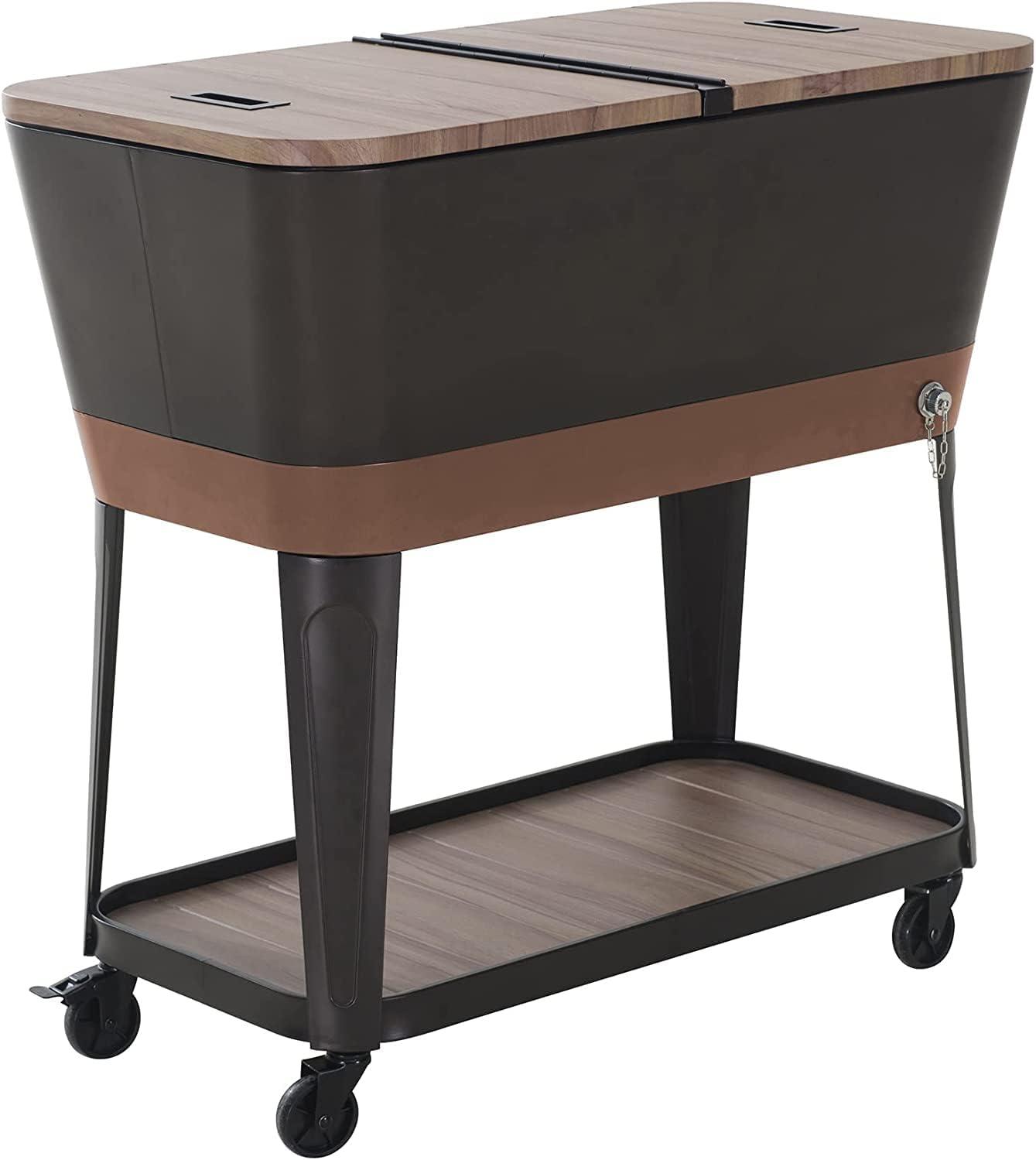 Sunjoy Durant 80-Quart Wood Grain Finish Metal Rolling Ice Chest Cooler Cart with Storage Shelf, Steel Bottle Opener, and Lockable Wheels
