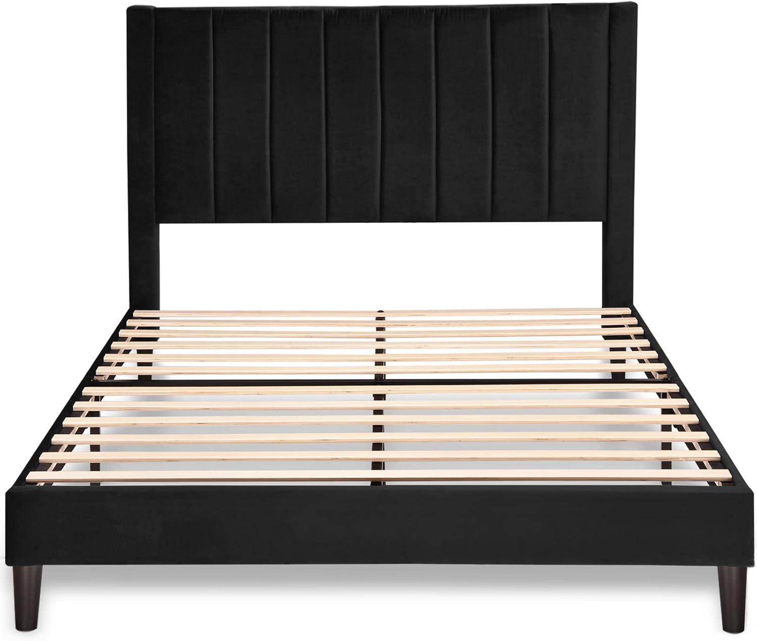 Allewie Queen Velvet Upholstered Bed Frame with Vertical Channel Tufted Headboard, Black