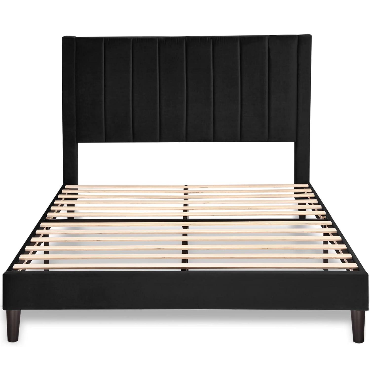 Allewie Queen Velvet Upholstered Bed Frame with Vertical Channel Tufted Headboard, Black