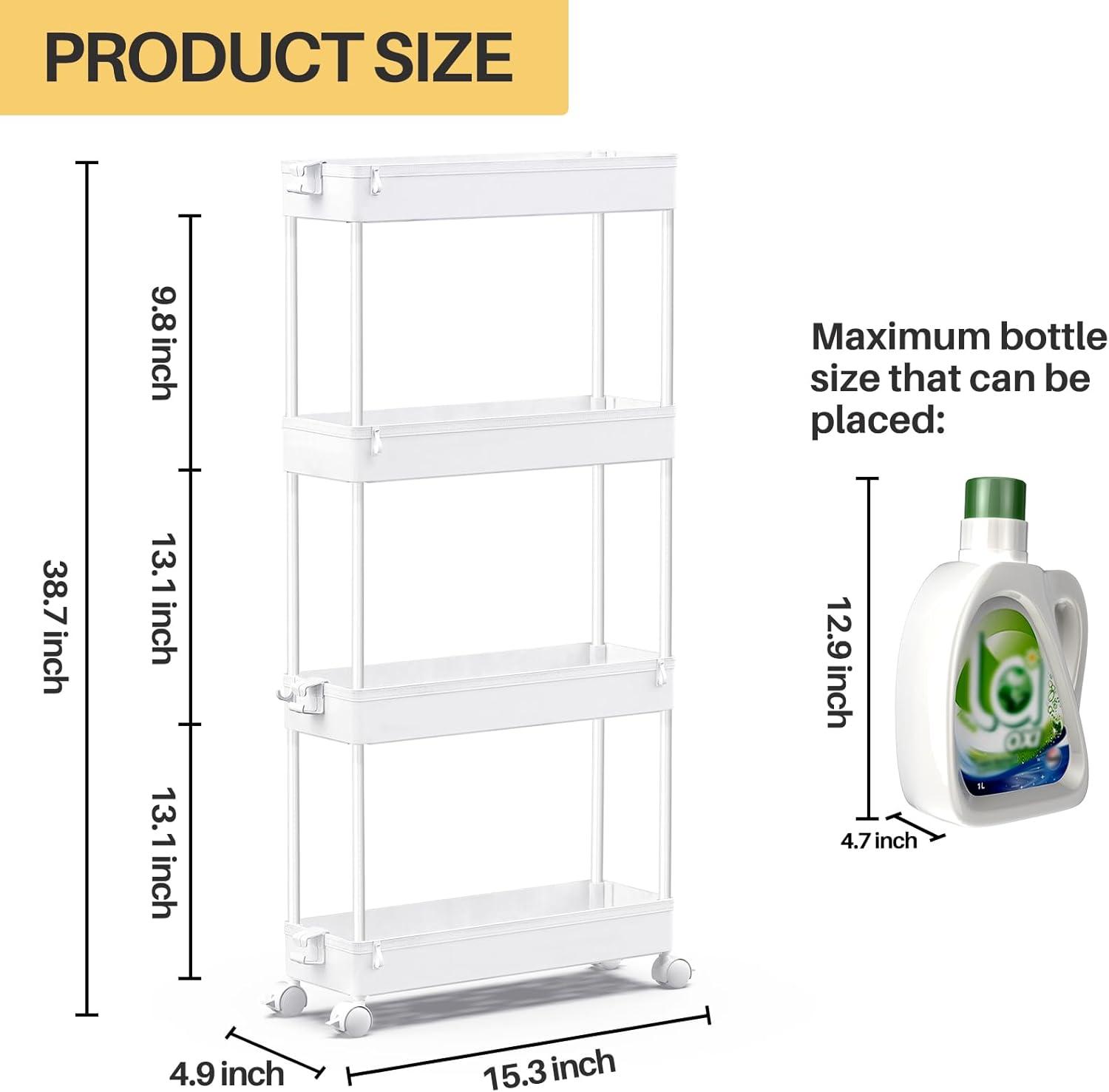 White 4-Tier Slim Rolling Storage Cart with Adjustable Shelves