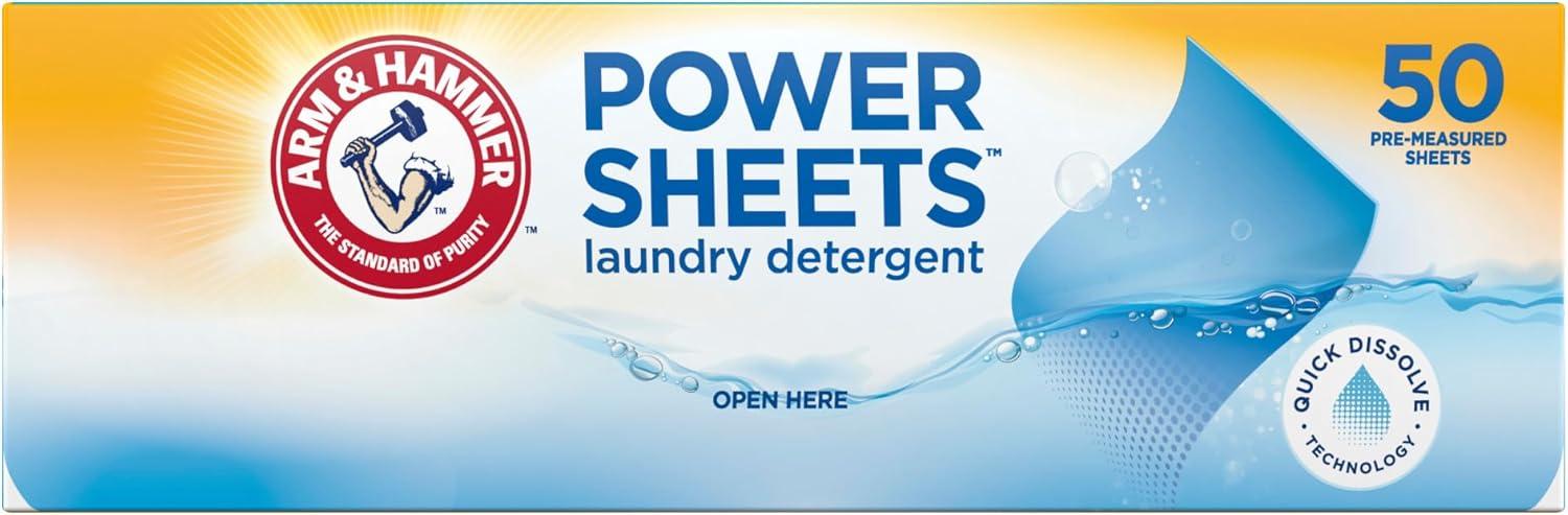 ARM & HAMMER Power Sheets Laundry Detergent Sheets, Fresh Linen, 50 Count, up to 100 Loads