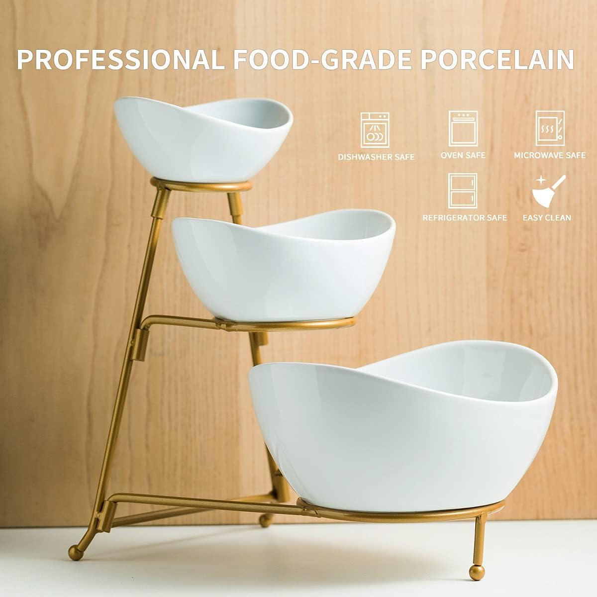 Gold 3-Tier Oval Ceramic Serving Bowl Set with Stand