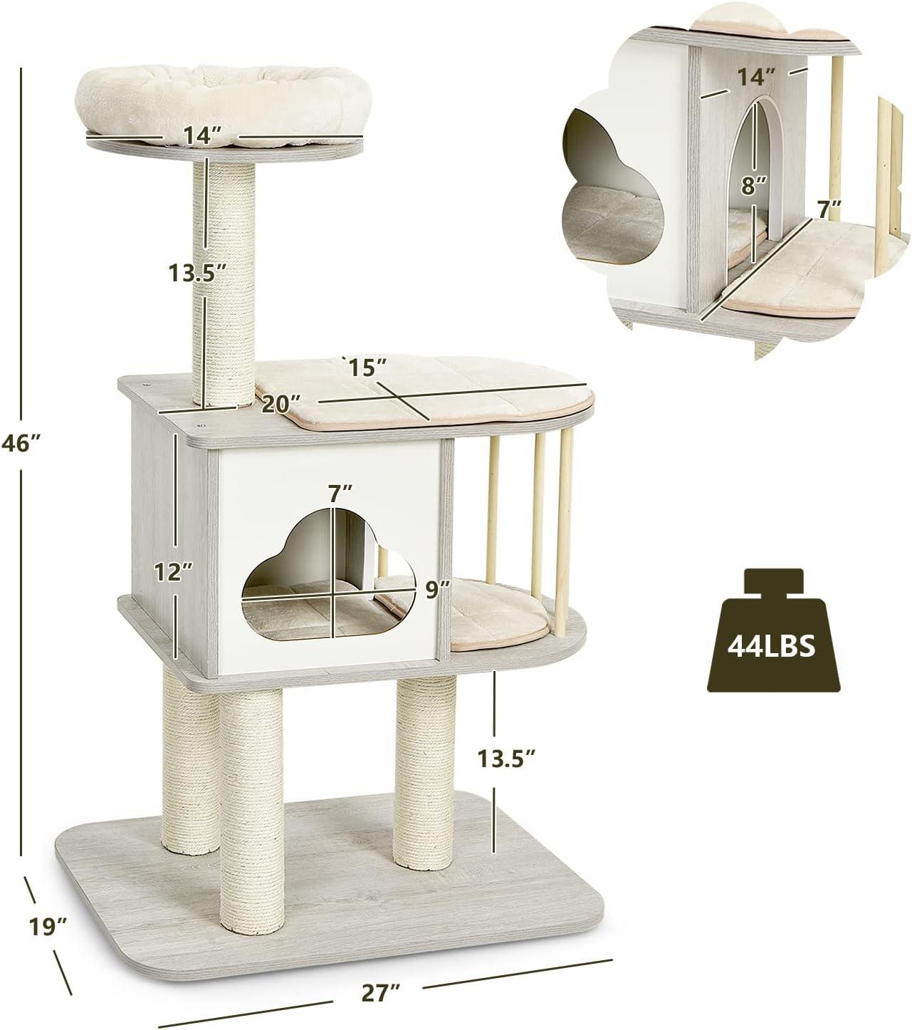 46'' Light Gray Wooden Cat Tree with Sisal Posts and Cushions