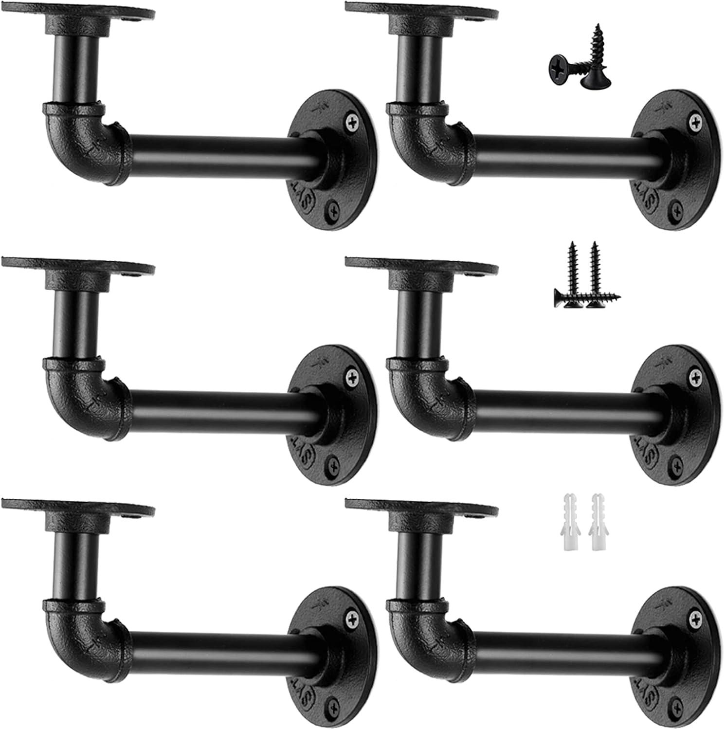 Black Iron Industrial Pipe Floating Shelf Brackets, 6 Pack