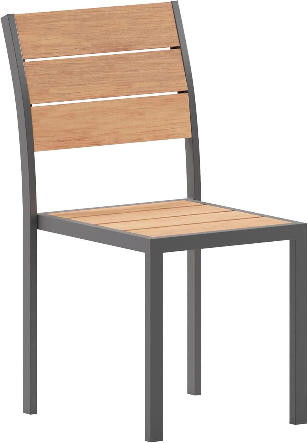 Emma and Oliver Outdoor Stacking Side Chair with Faux Teak Poly Slat Seat, Back and Arms and Metal Frame