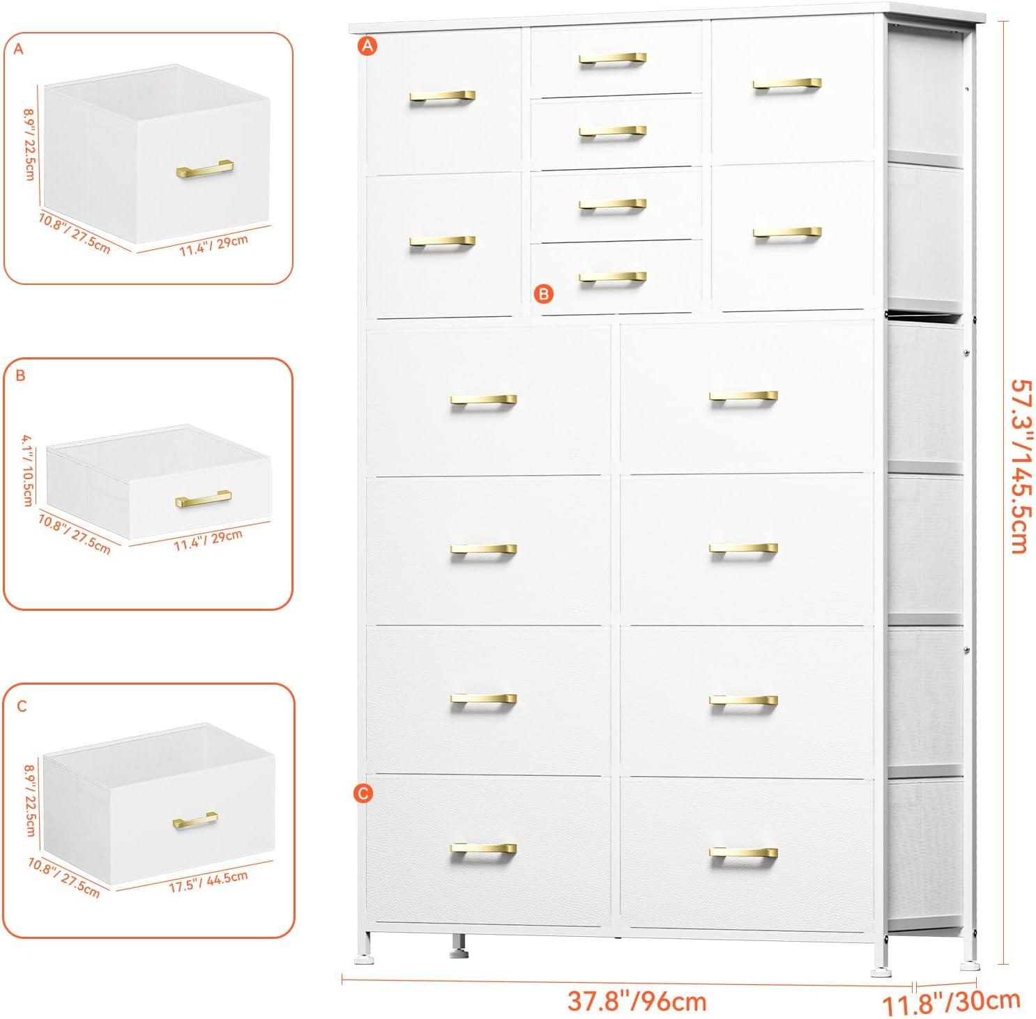 White Tall 16-Drawer Fabric Dresser with Metal Frame