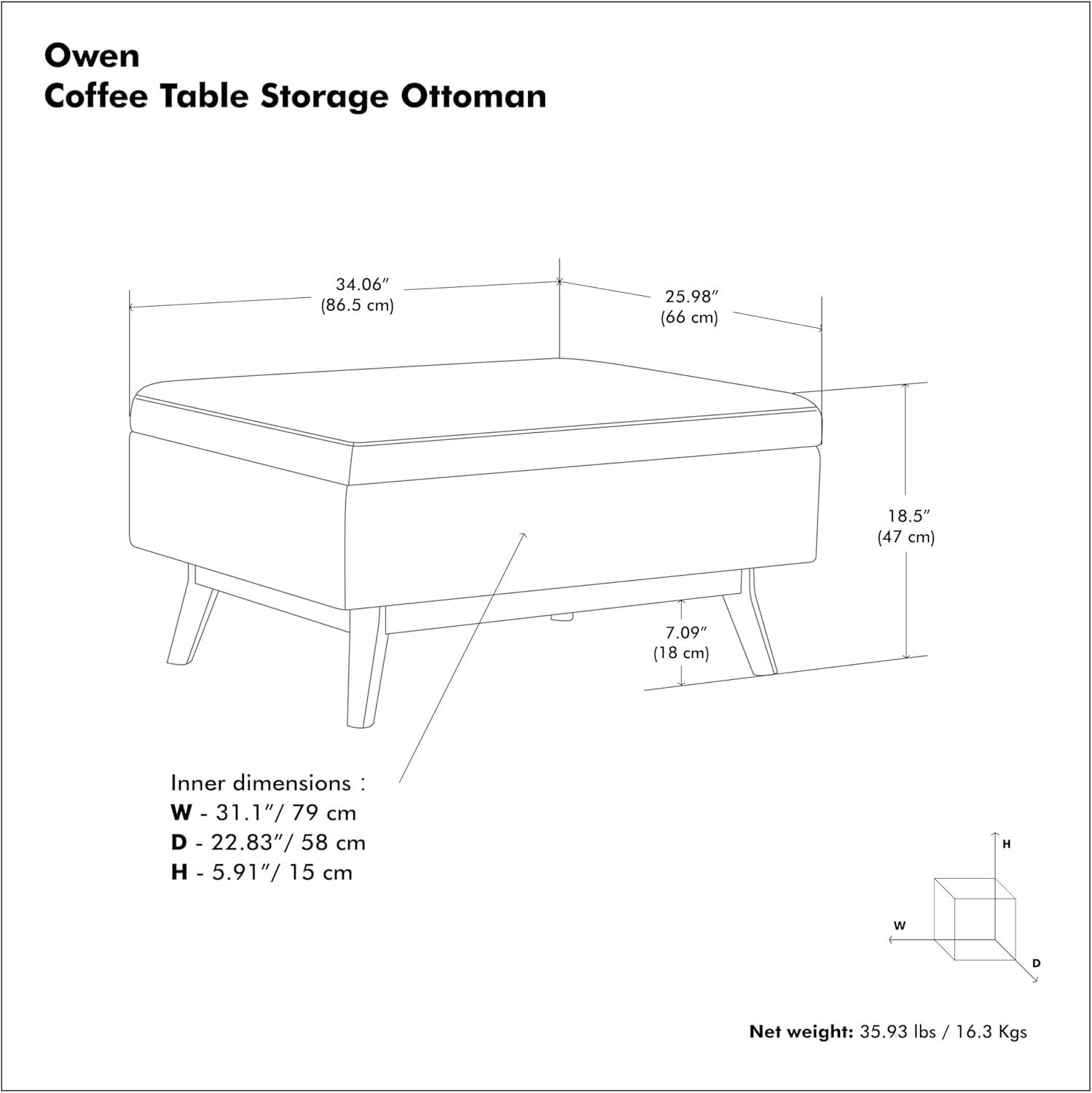 Simpli Home Owen 34"W Upholstered Coffee Table Storage Ottoman with Lift Top and Solid Wood Legs