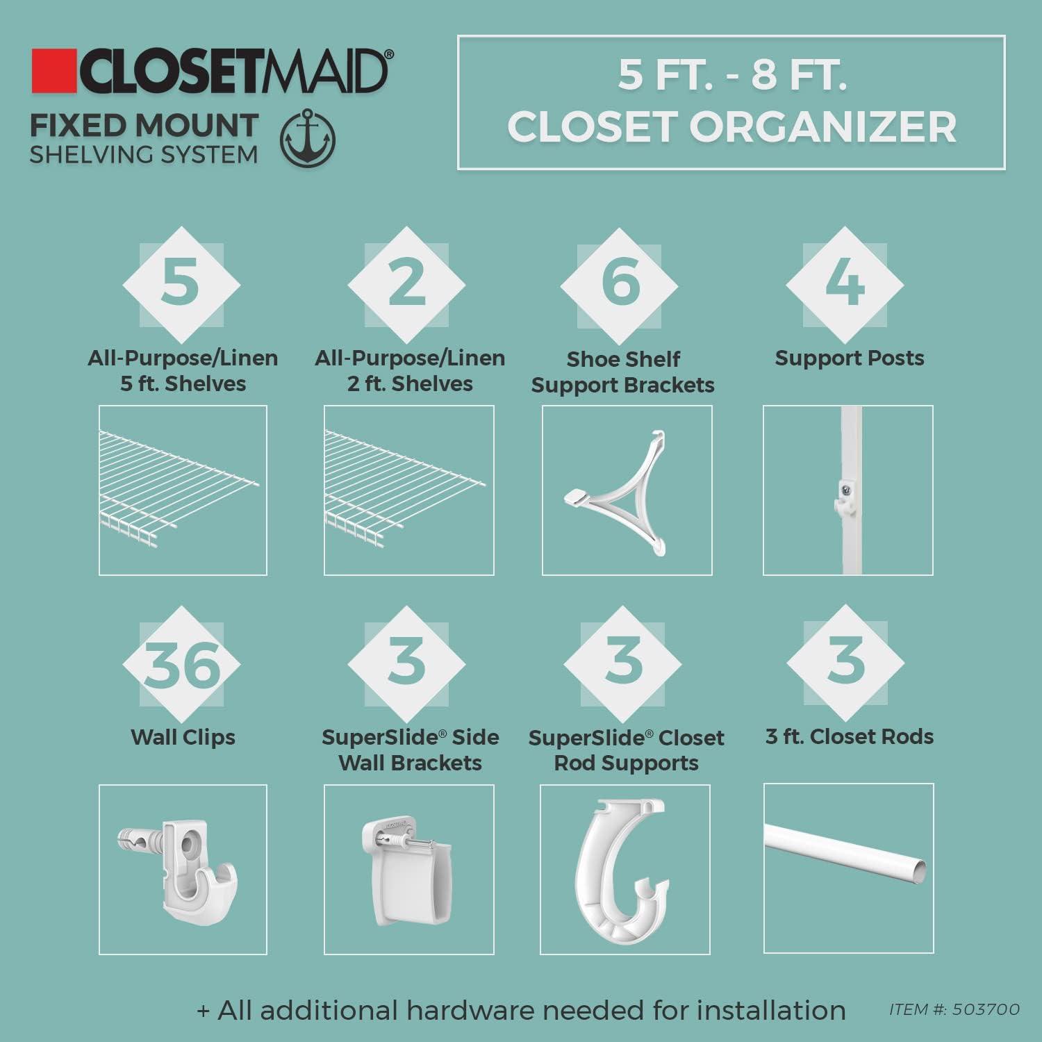 ClosetMaid 5037 5ft. to 8ft. Fixed Mount Closet Organizer Kit, White