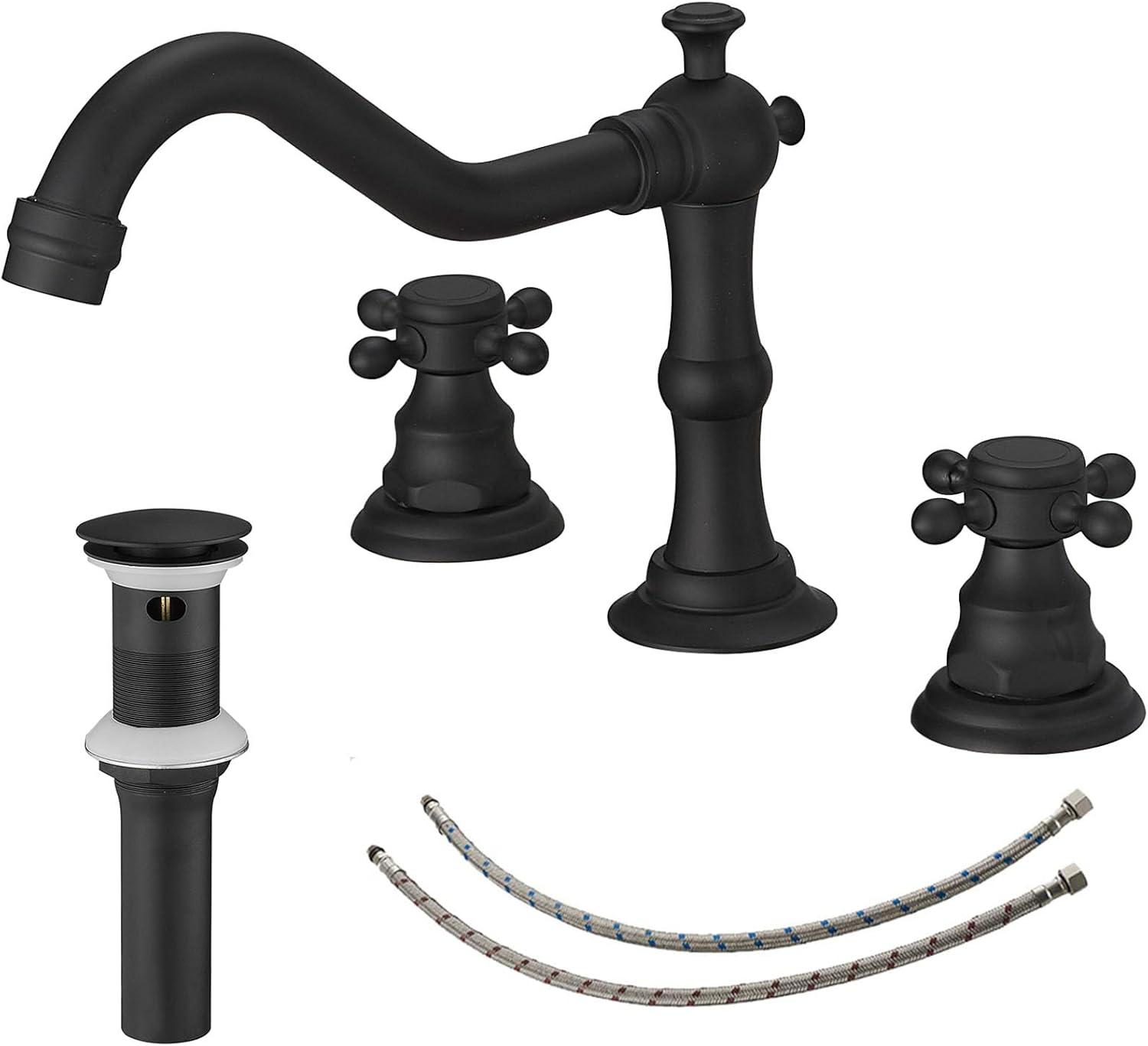 BWE 8 in. Widespread 2-Handle 3-Hole Bathroom Faucet with Drain Kit and Supply Lines in Matte Black