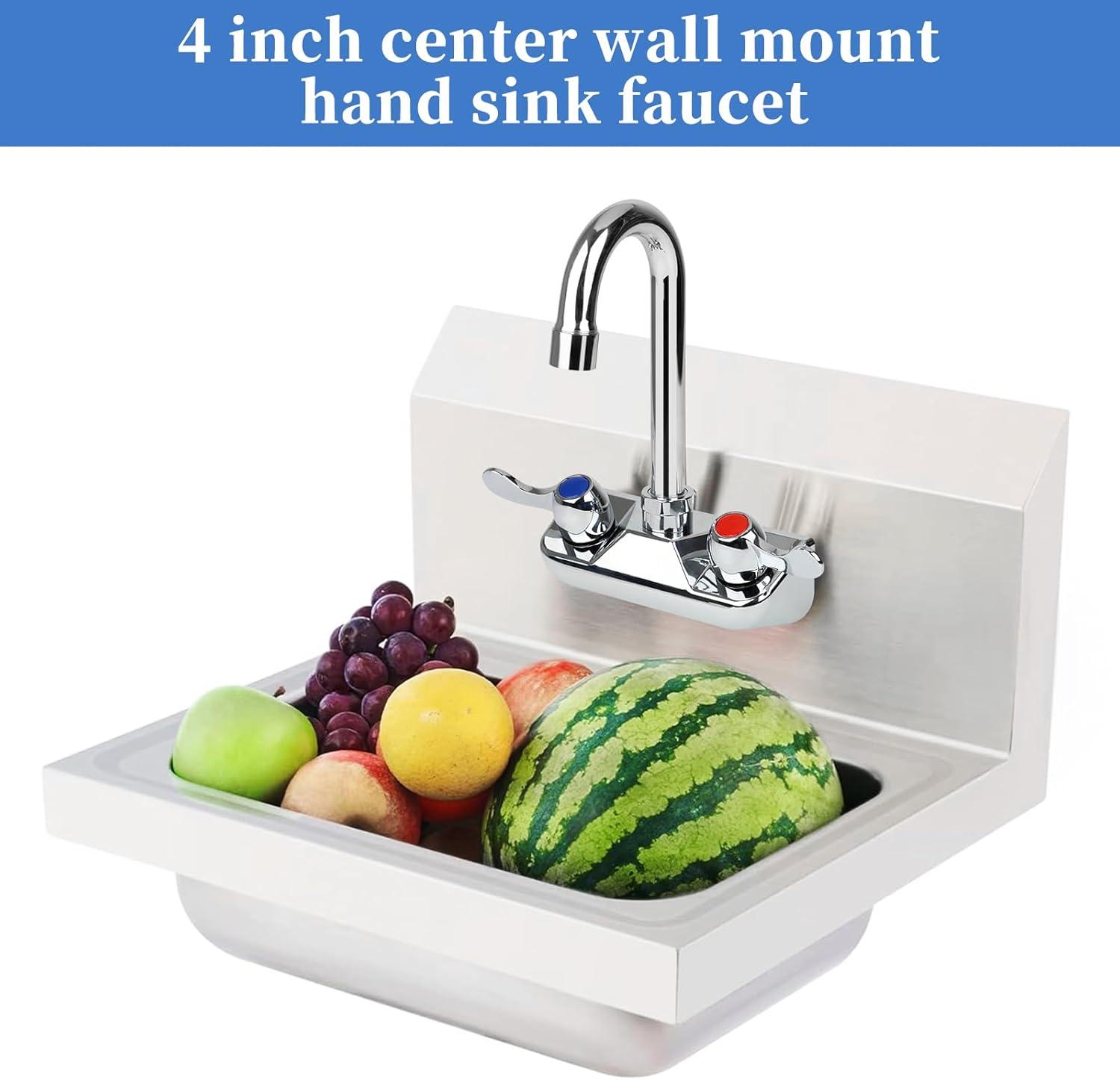 KWODE 4 Inch Center Commercial Hand Sink Faucet with 3-1/2”Gooseneck Spout, Dual Lever Handle Wall Mount Kitchen Sink Faucet, Brass Constructed, Chrome