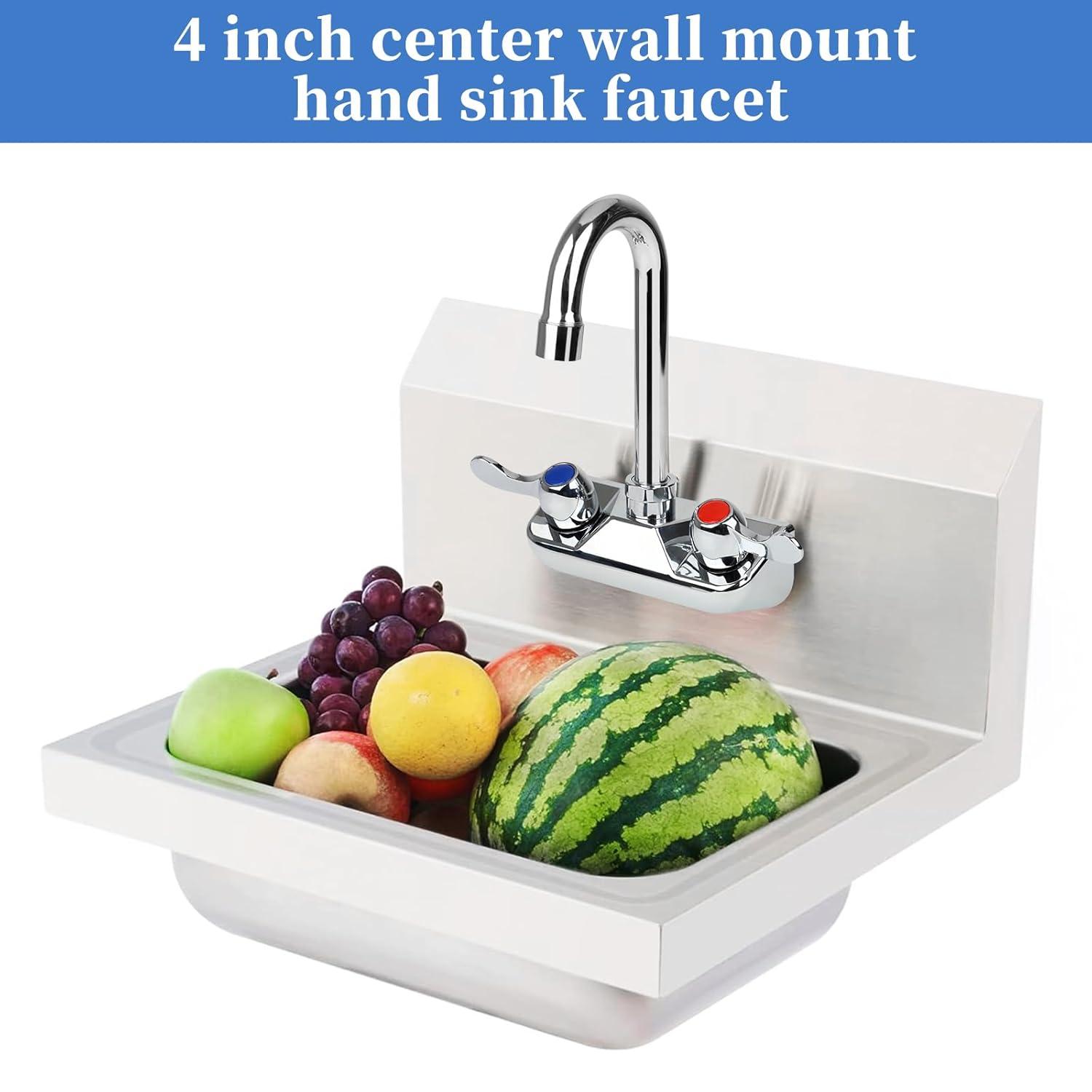 KWODE 4 Inch Center Commercial Hand Sink Faucet with 3-1/2”Gooseneck Spout, Dual Lever Handle Wall Mount Kitchen Sink Faucet, Brass Constructed, Chrome