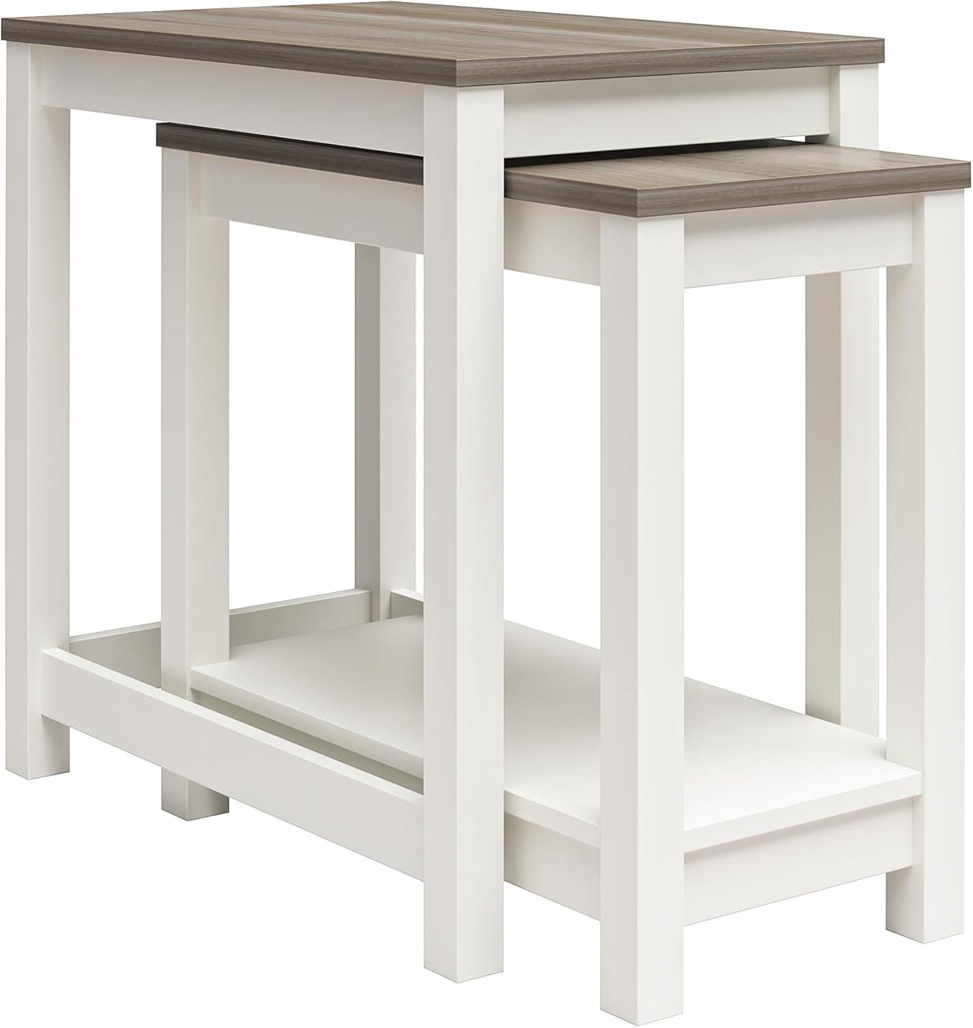 Chapel Hill Rustic Farmhouse Nesting Table 2-Piece Set, White with Brown Oak Top