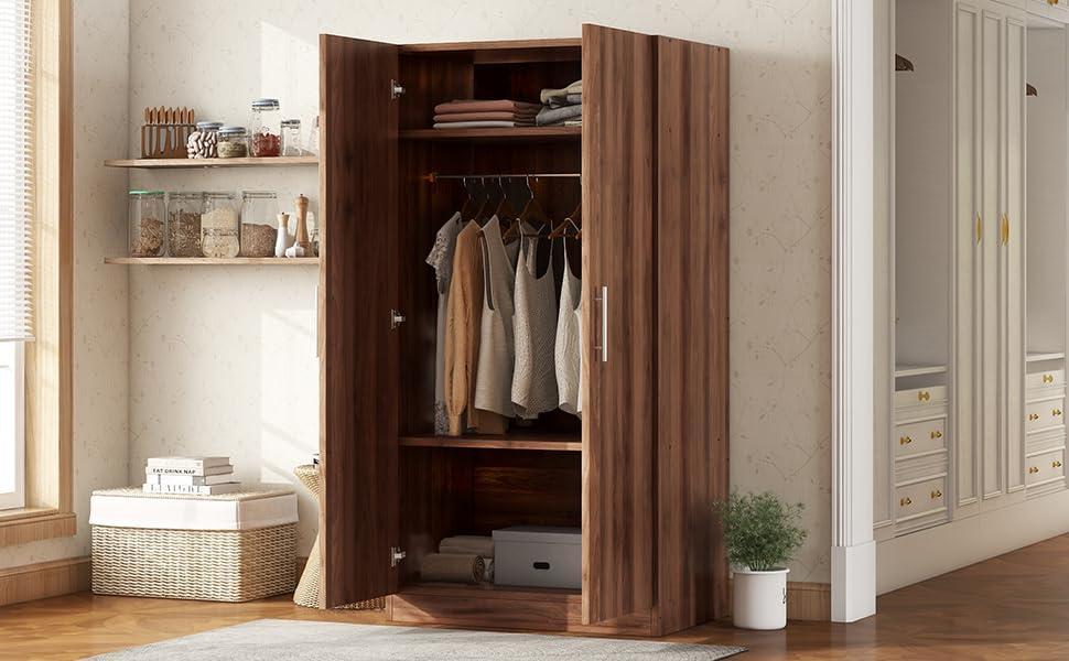 Gzxs Vintage Armoire, 2-Doors Versatile Storage Wardrobe with Hanger Rod, 3-Tier Wooden Storage Cabinet Organizer for Clothes, 31.5"L x 19.8"W x 67.3"H, Brown