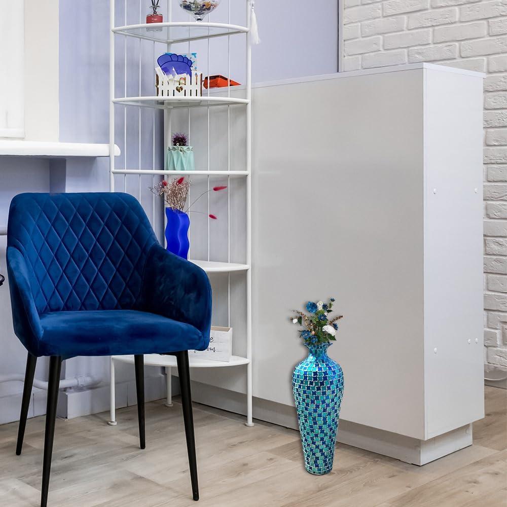 Mosaic Vase, 20 Inch Floor Vase, Decorative Tall Vase for Home Decor Geometric Pattern Metal Vase with Glass Mosaic- Blue and Turquoise Tessellation Pattern