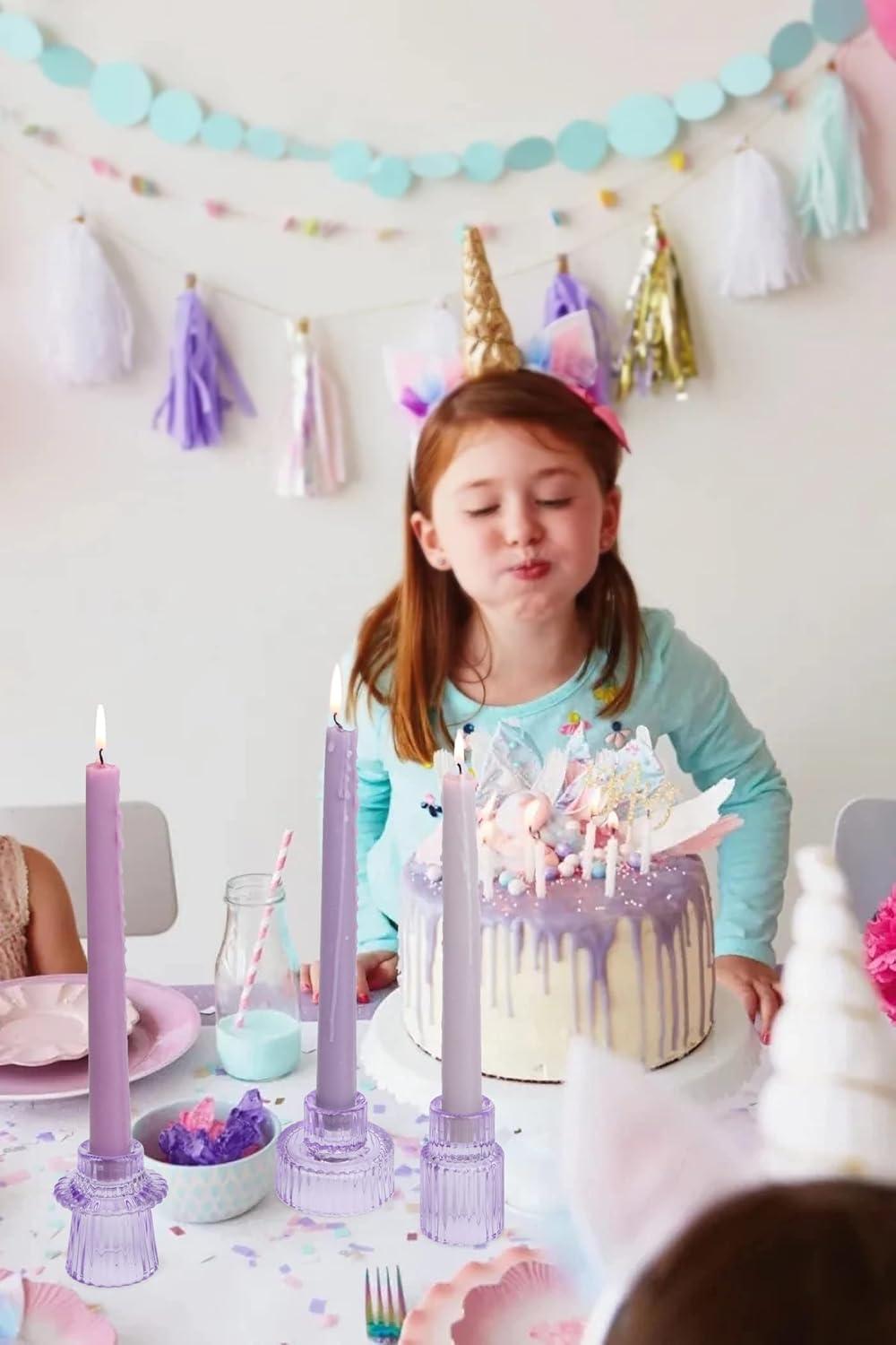 Vixdonos Taper Glass Candlestick Holders Tealight Candle Holders for Table Centerpieces, Wedding Decor and Dinner Party (6 Pcs, Purple)